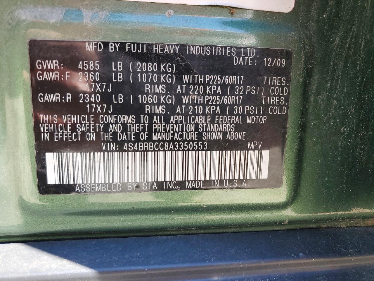 2010 Subaru Outback 2.5i Premium Green vin: 4S4BRBCC8A3350553
