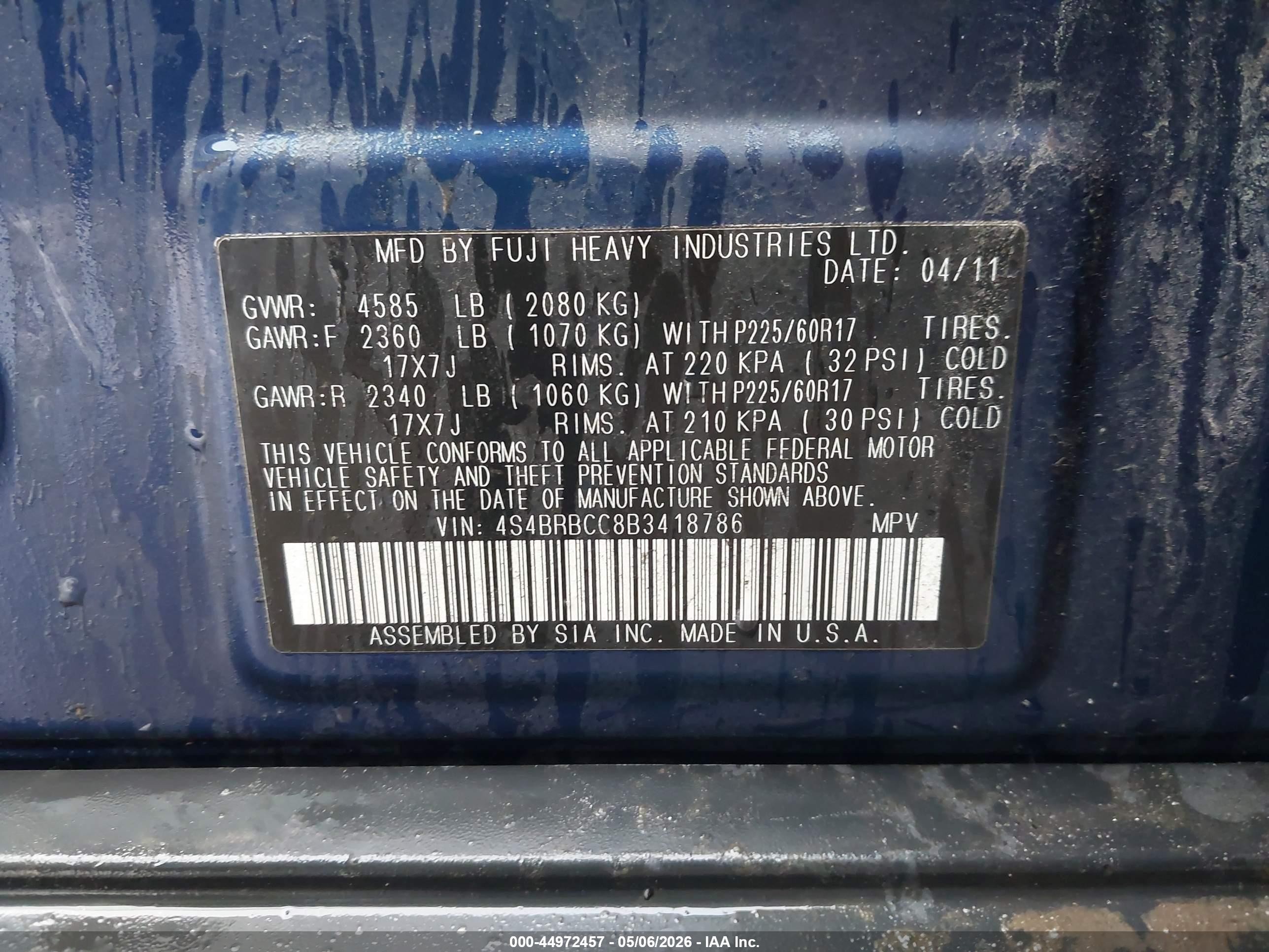 2011 Subaru Outback 2.5i Premium Blue vin: 4S4BRBCC8B3418786