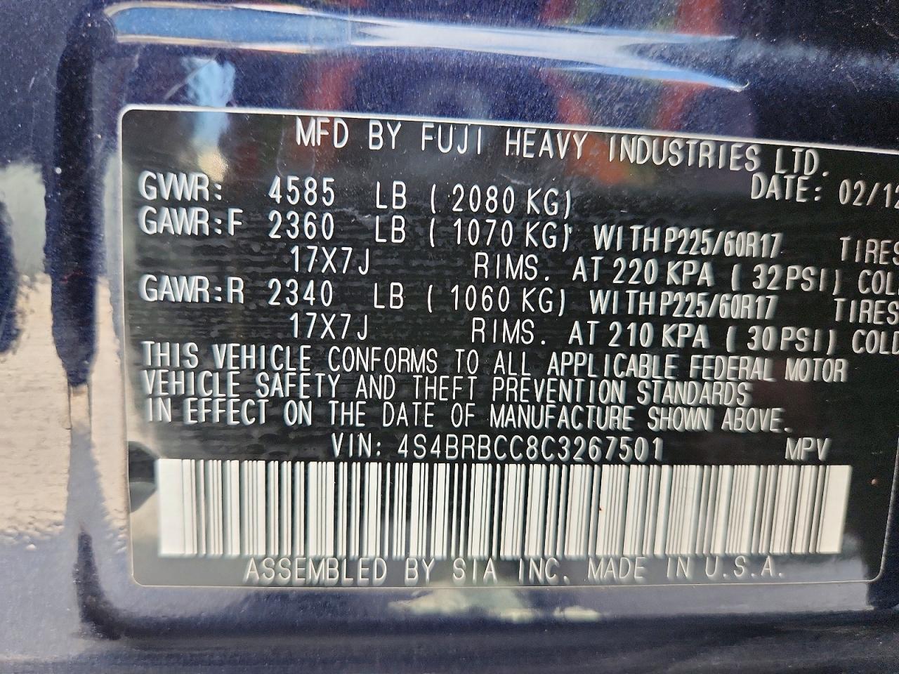 2012 Subaru Outback 2.5i Premium Blue vin: 4S4BRBCC8C3267501