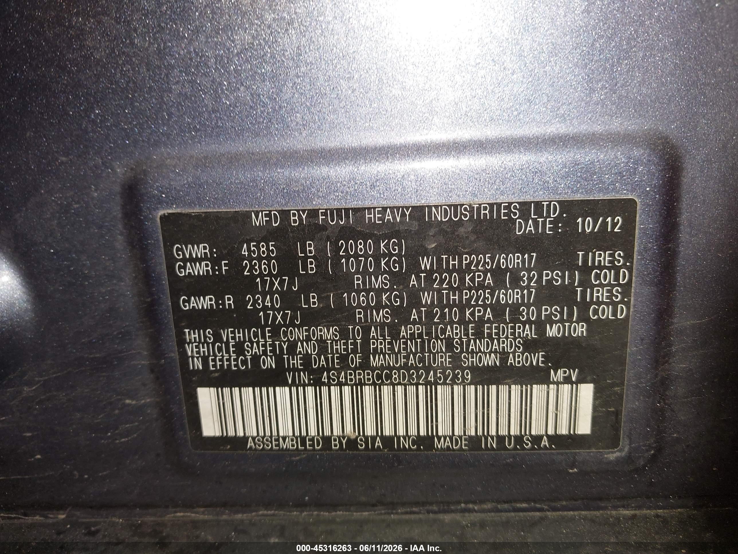 2013 Subaru Outback 2.5i Premium Blue vin: 4S4BRBCC8D3245239