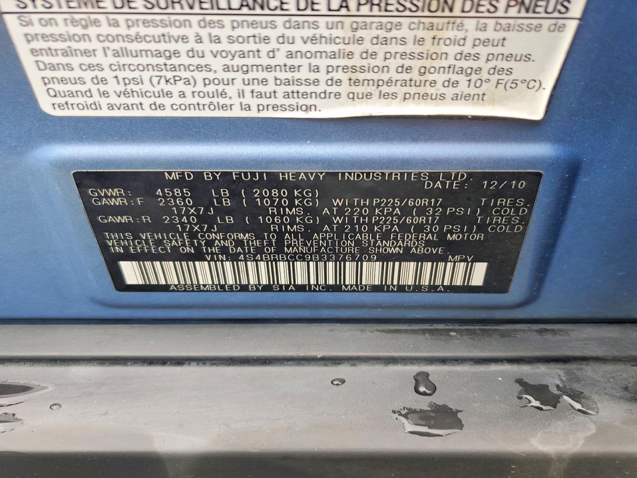 2011 Subaru Outback 2.5i Premium Blue vin: 4S4BRBCC9B3376709