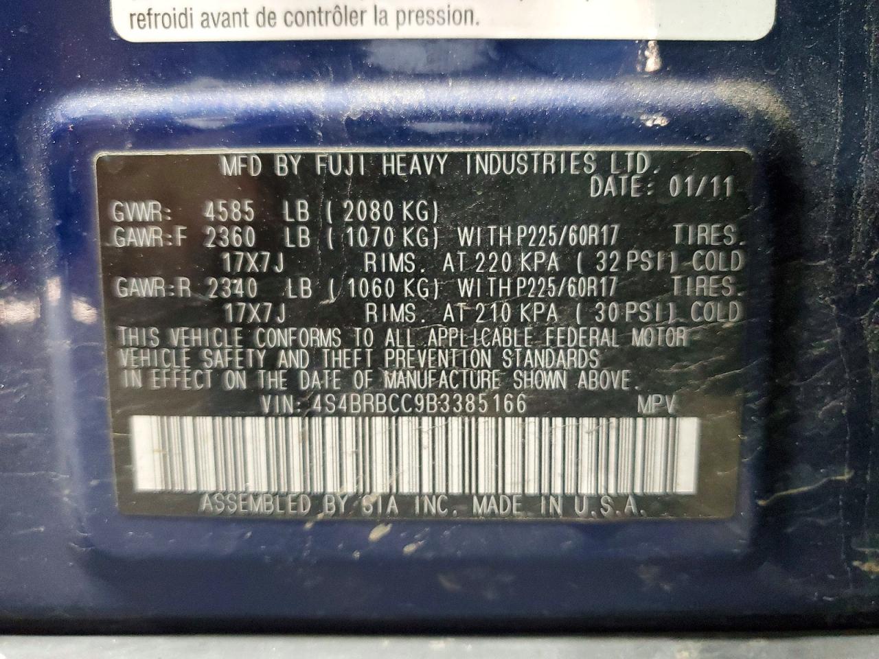 2011 Subaru Outback 2.5i Premium Blue vin: 4S4BRBCC9B3385166
