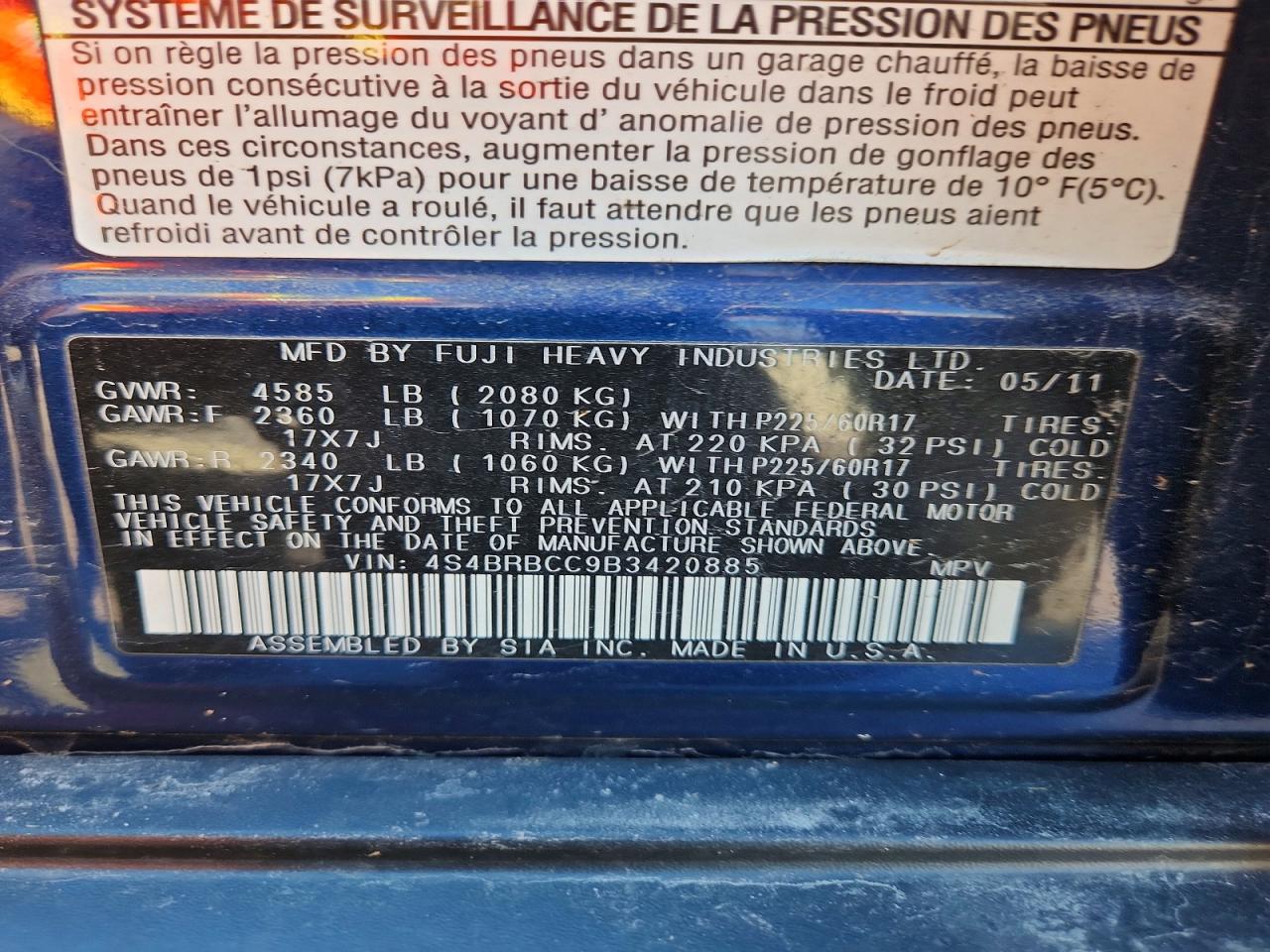 2011 Subaru Outback 2.5i Premium Blue vin: 4S4BRBCC9B3420885