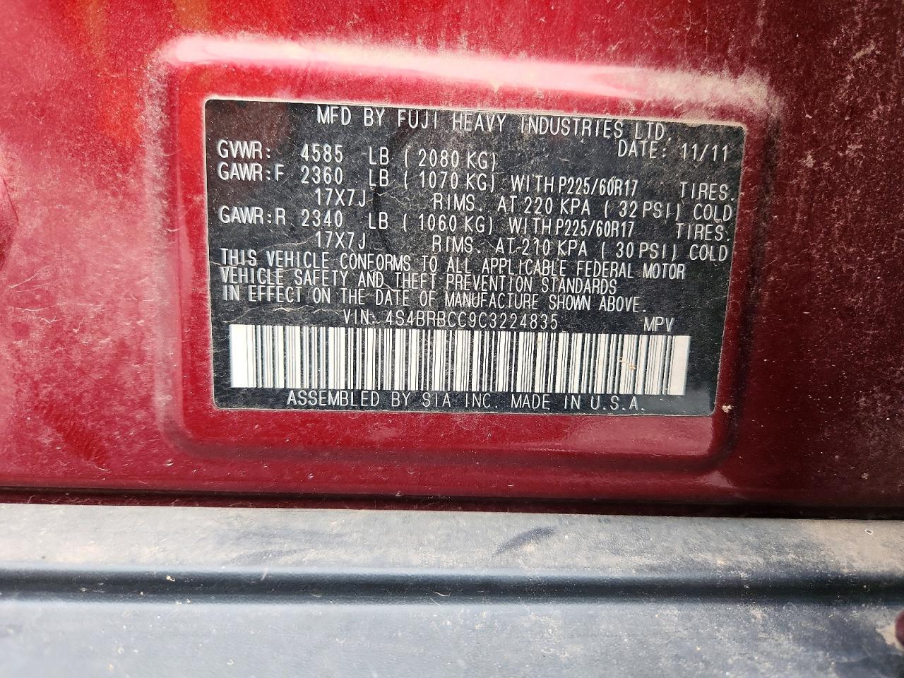 2012 Subaru Outback 2.5i Premium Red vin: 4S4BRBCC9C3224835