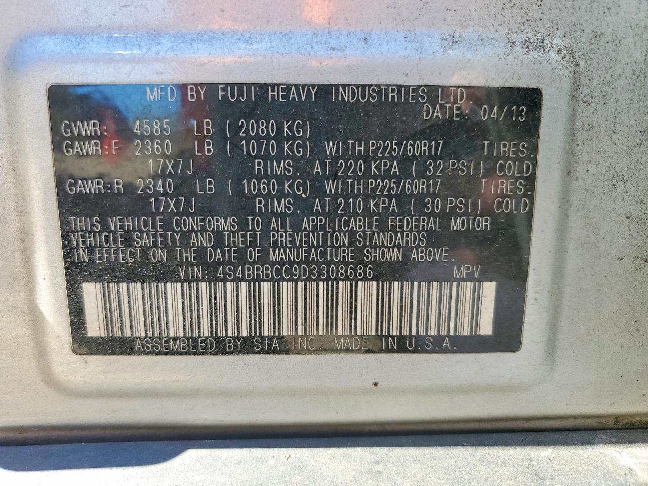 2013 Subaru Outback 2.5i Premium Silver vin: 4S4BRBCC9D3308686