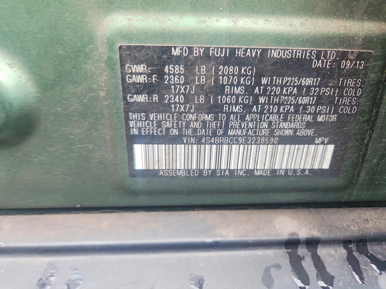 2014 Subaru Outback 2.5i Premium Green vin: 4S4BRBCC9E3238690