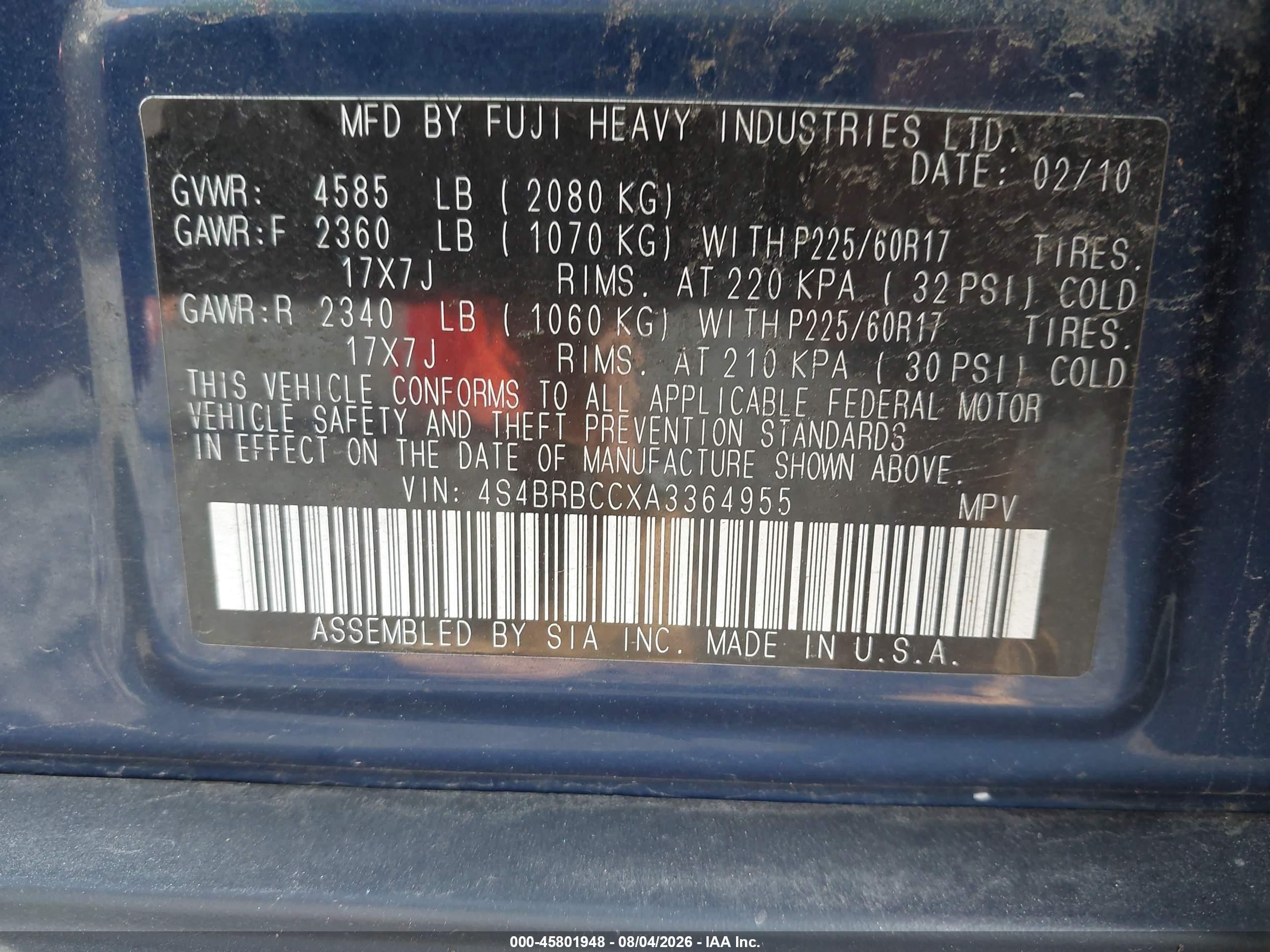 2010 Subaru Outback 2.5i Premium Blue vin: 4S4BRBCCXA3364955