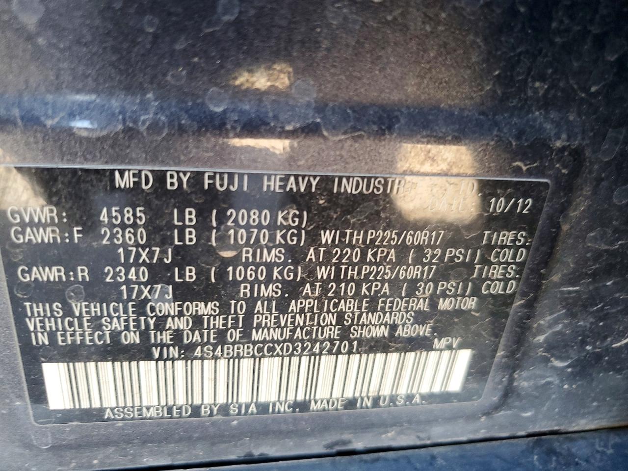 2013 Subaru Outback 2.5i Premium Charcoal vin: 4S4BRBCCXD3242701