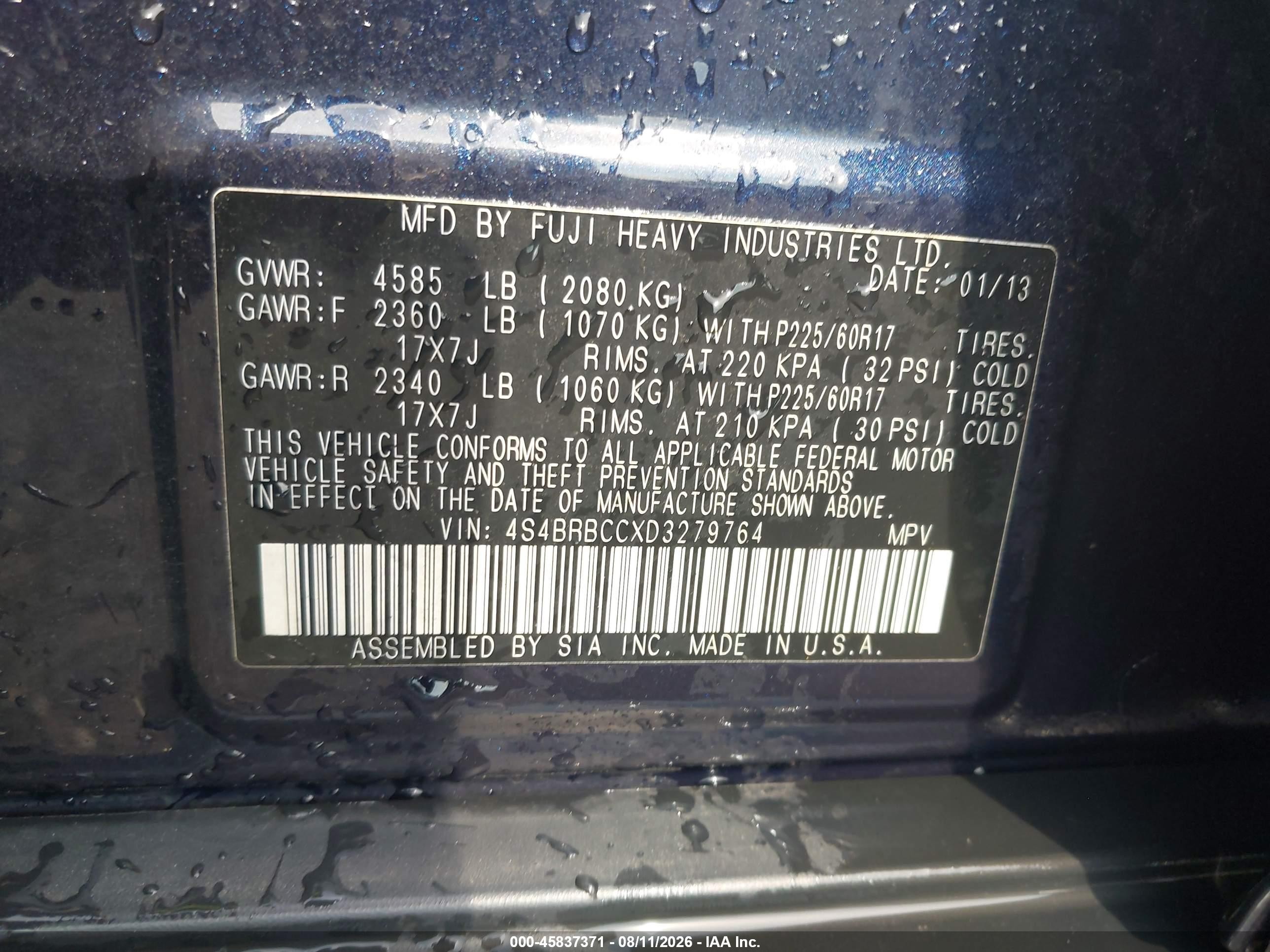2013 Subaru Outback 2.5i Premium Blue vin: 4S4BRBCCXD3279764
