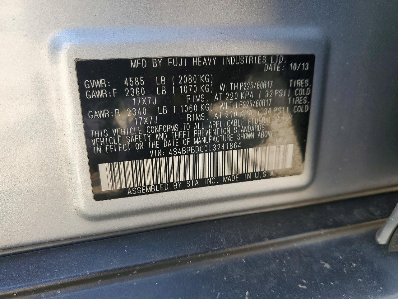 2014 Subaru Outback 2.5i Premium Silver vin: 4S4BRBDC0E3241864