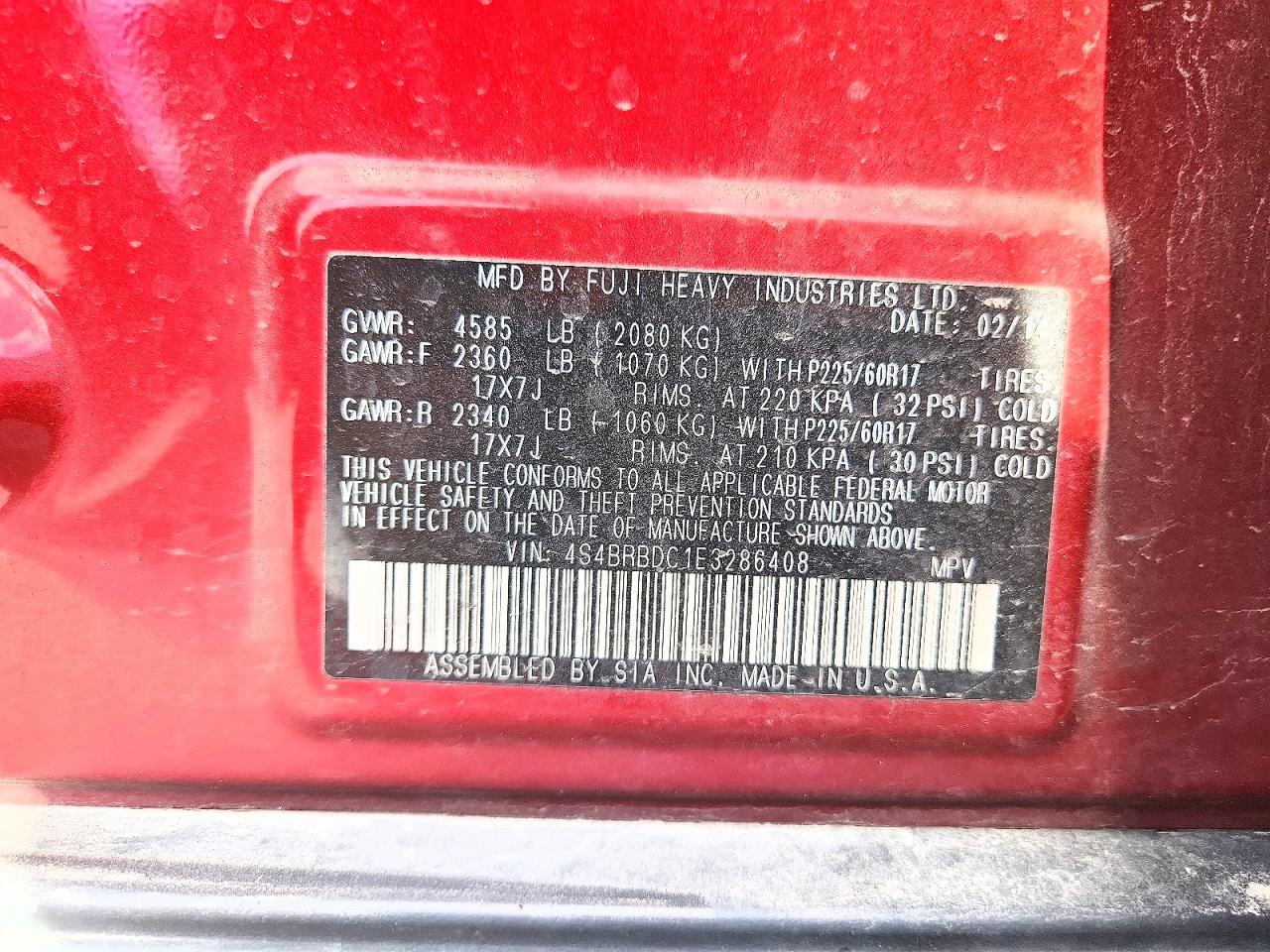 2014 Subaru Outback 2.5i Premium Red vin: 4S4BRBDC1E3286408