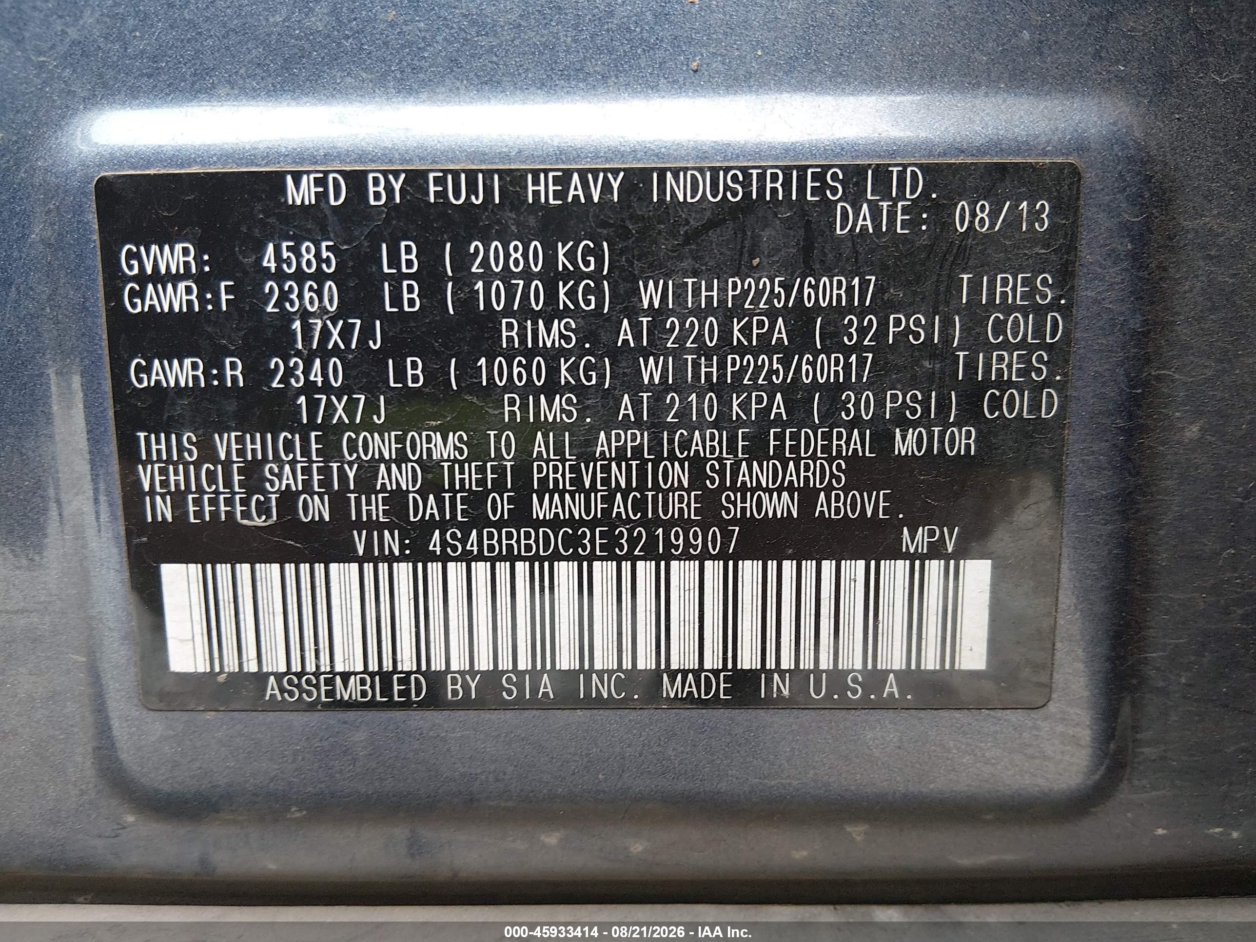 2014 Subaru Outback 2.5i Premium Blue vin: 4S4BRBDC3E3219907