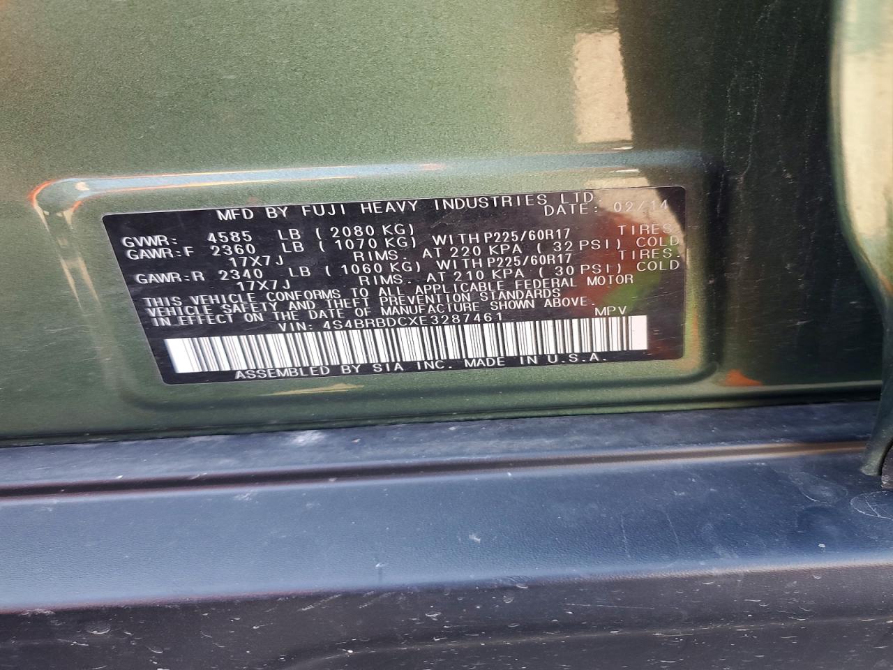 2014 Subaru Outback 2.5i Premium Green vin: 4S4BRBDCXE3287461