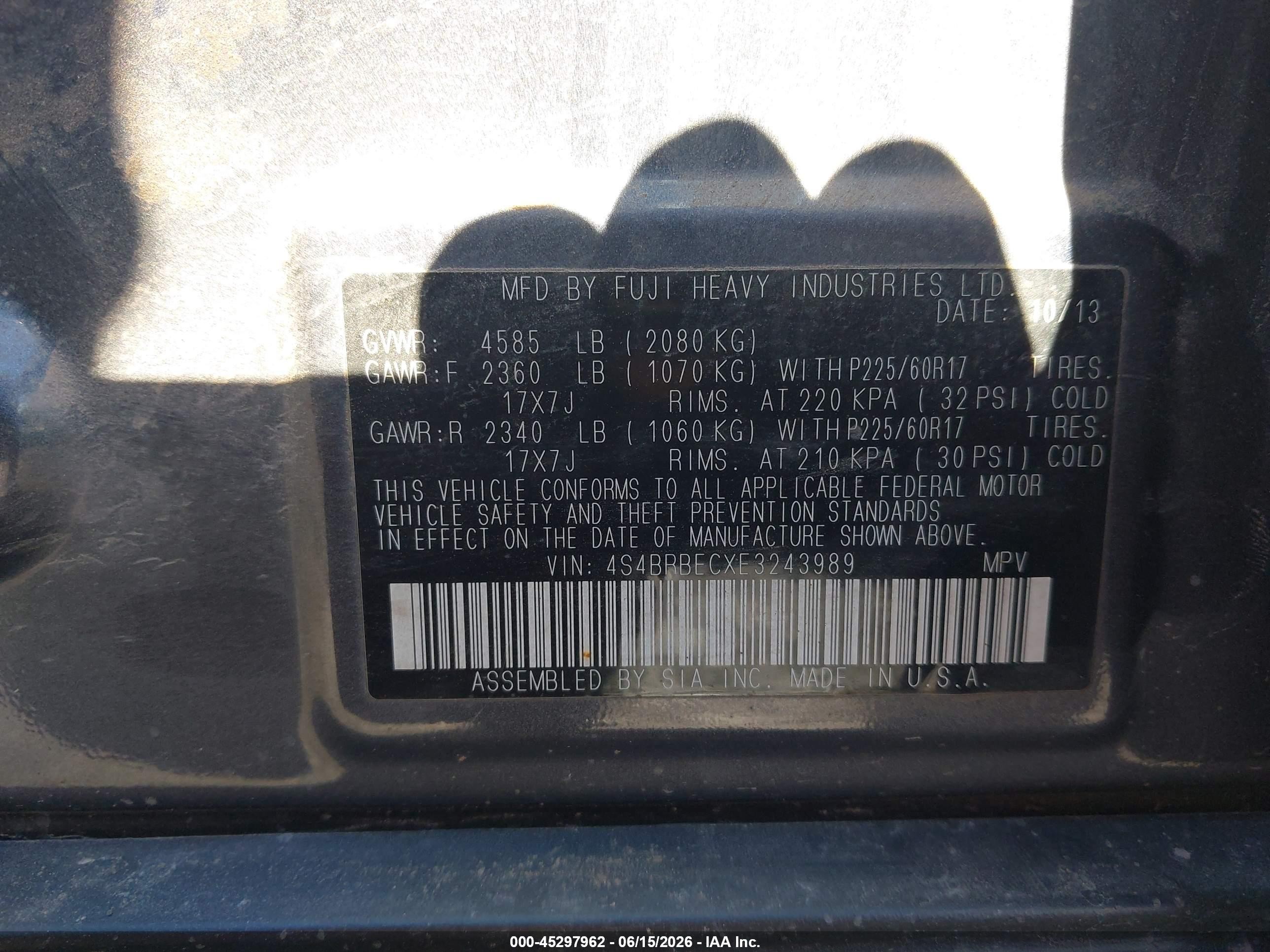 2014 Subaru Outback 2.5i Premium Blue vin: 4S4BRBECXE3243989