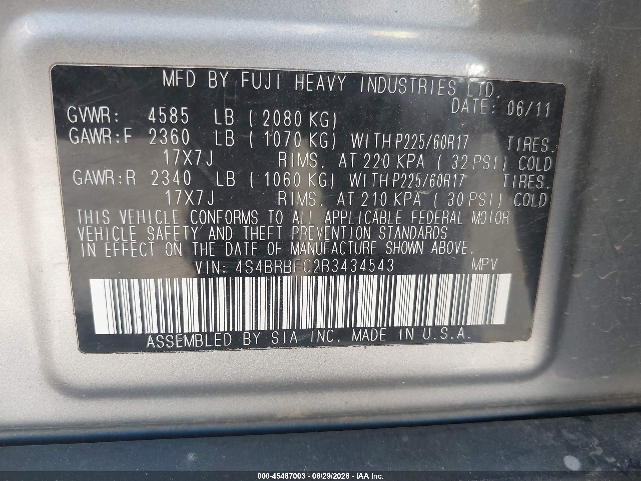 2011 Subaru Outback 2.5i Premium Silver vin: 4S4BRBFC2B3434543
