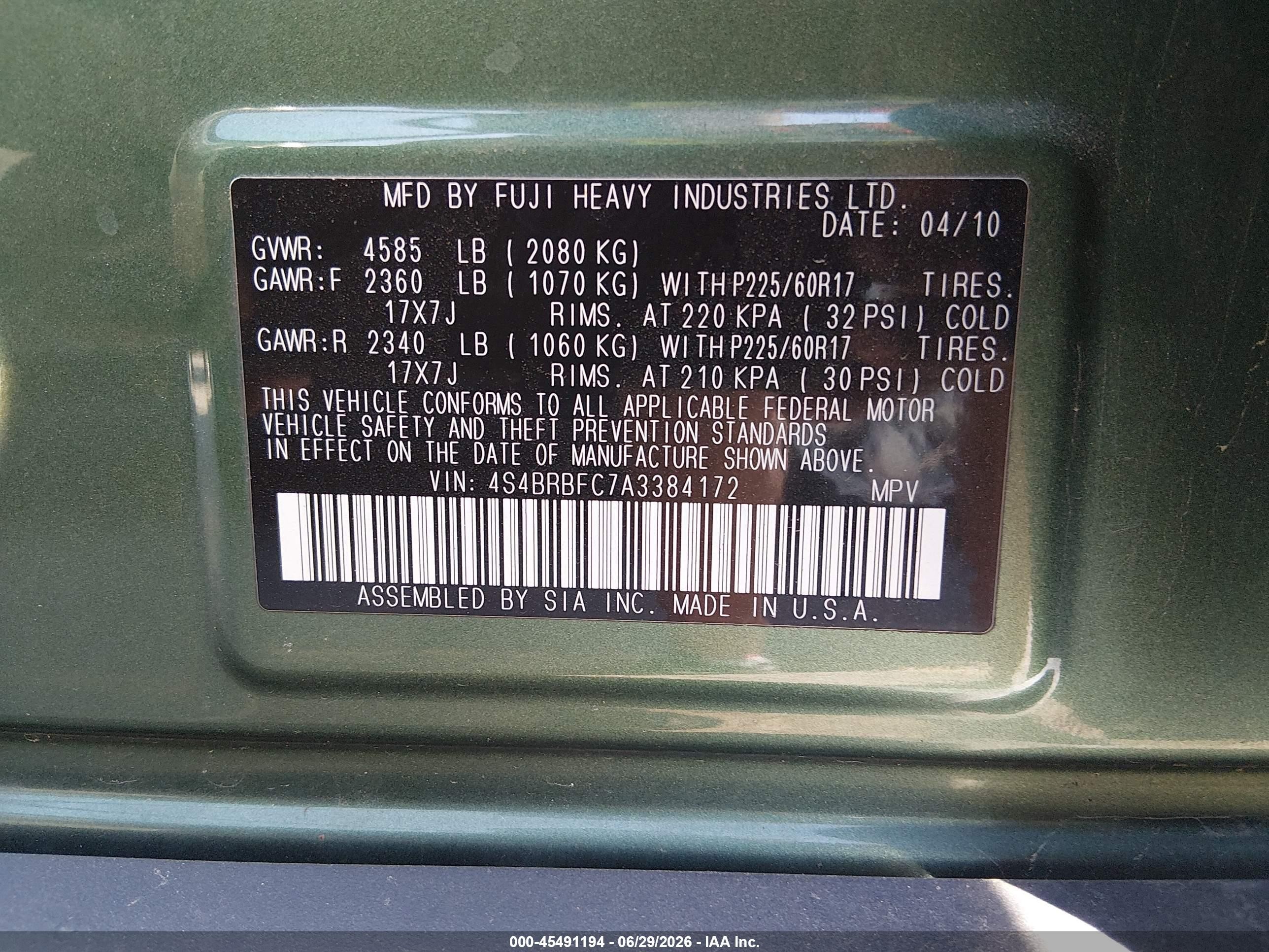 2010 Subaru Outback 2.5i Premium Green vin: 4S4BRBFC7A3384172