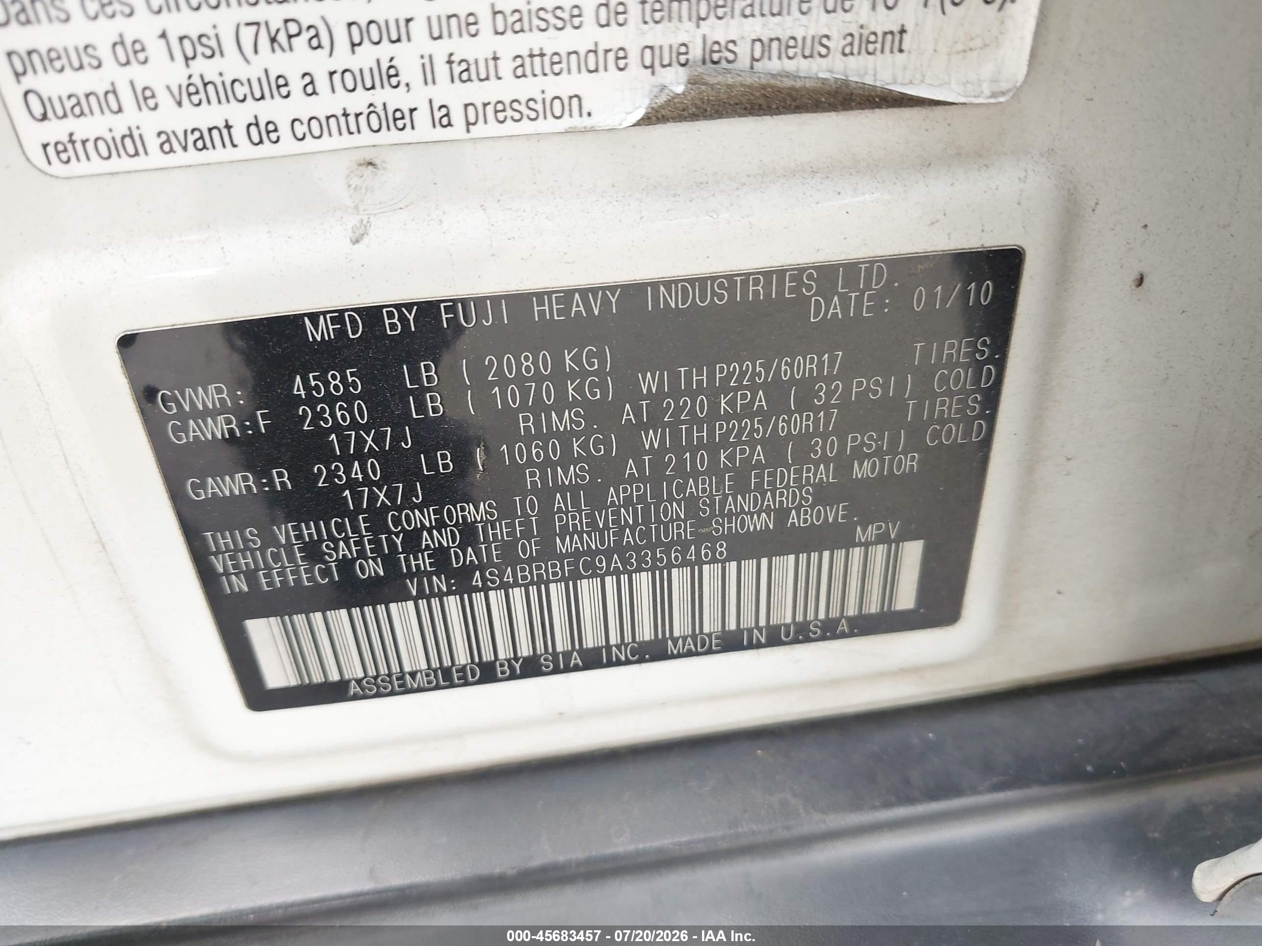 2010 Subaru Outback 2.5i Premium White vin: 4S4BRBFC9A3356468
