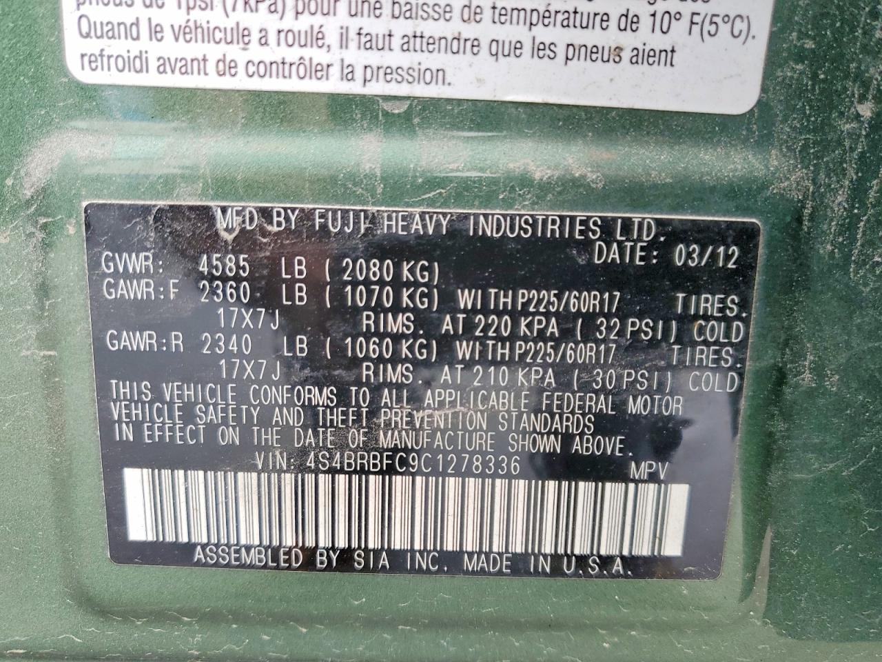 2012 Subaru Outback 2.5i Premium Green vin: 4S4BRBFC9C1278336