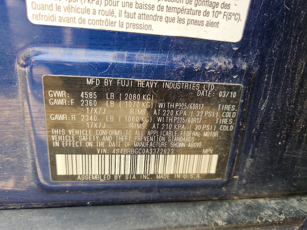 2010 Subaru Outback 2.5i Premium Blue vin: 4S4BRBGC0A3372623