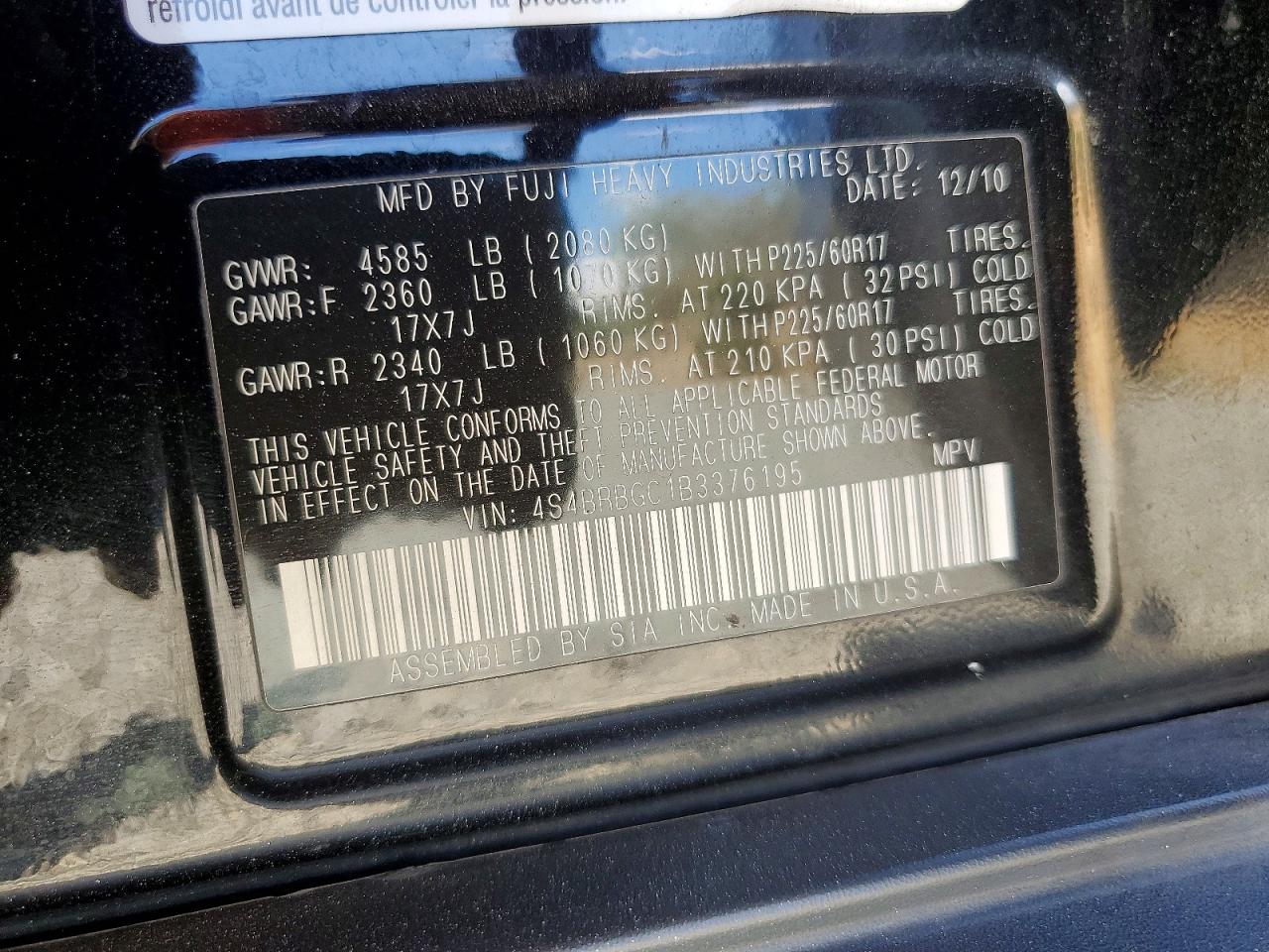 2011 Subaru Outback 2.5i Premium Black vin: 4S4BRBGC1B3376195