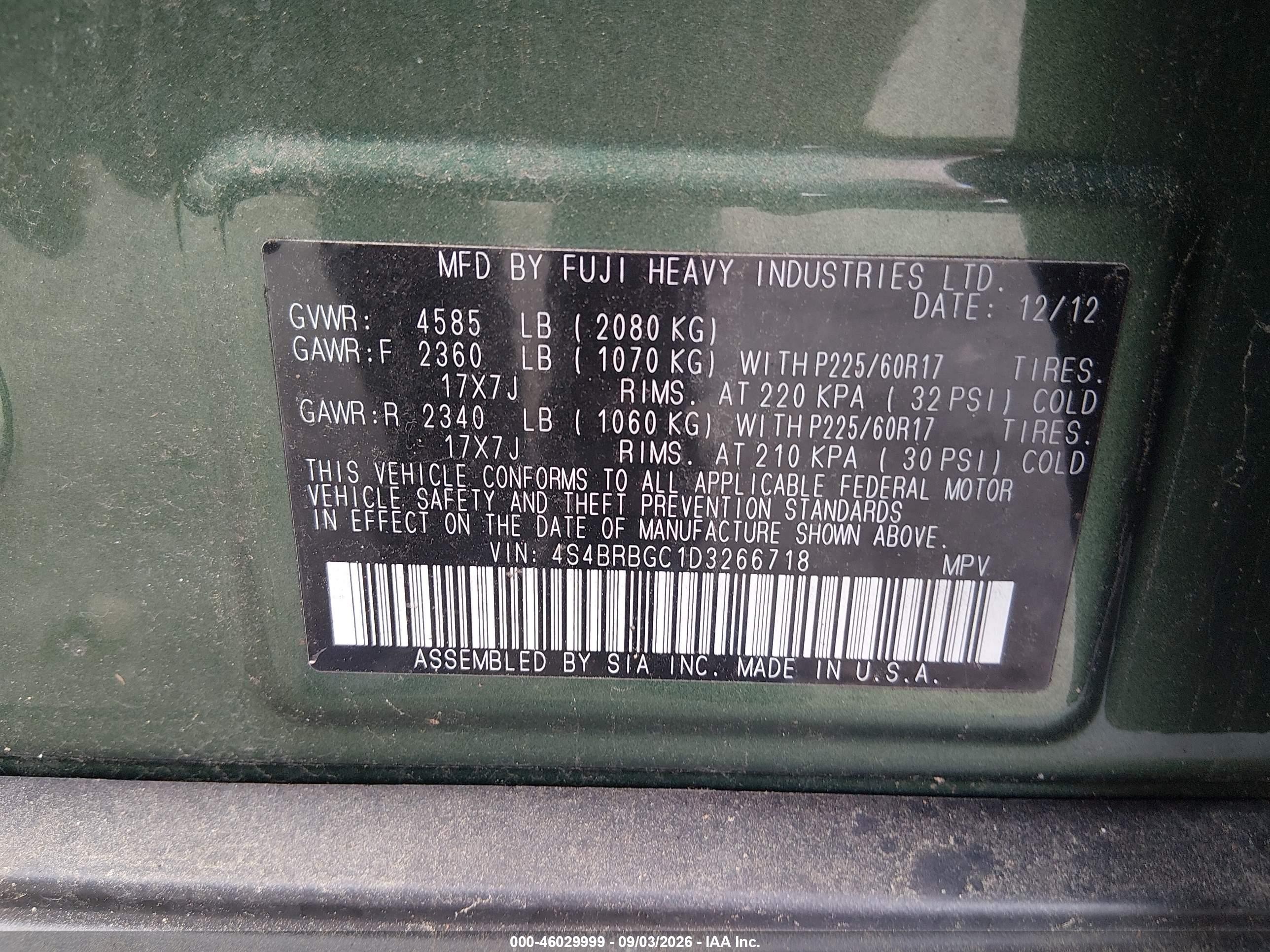 2013 Subaru Outback 2.5i Premium Green vin: 4S4BRBGC1D3266718
