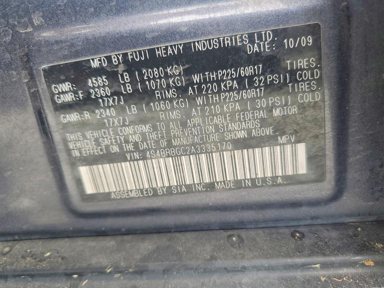 2010 Subaru Outback 2.5i Premium Black vin: 4S4BRBGC2A3335170