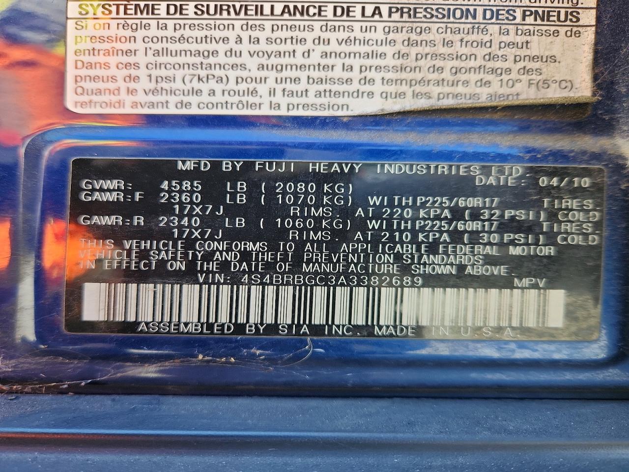 2010 Subaru Outback 2.5i Premium Blue vin: 4S4BRBGC3A3382689