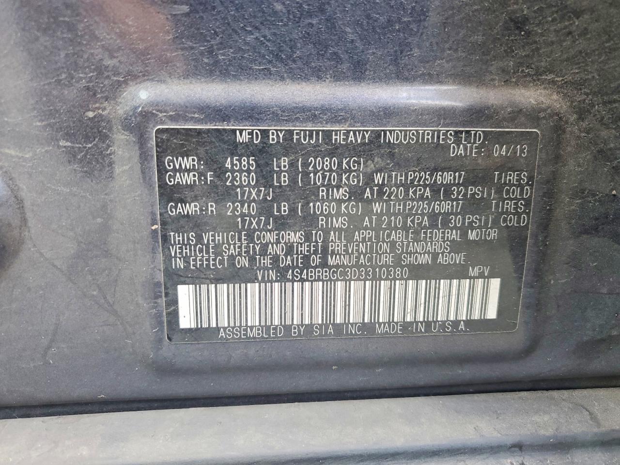 2013 Subaru Outback 2.5i Premium Gray vin: 4S4BRBGC3D3310380