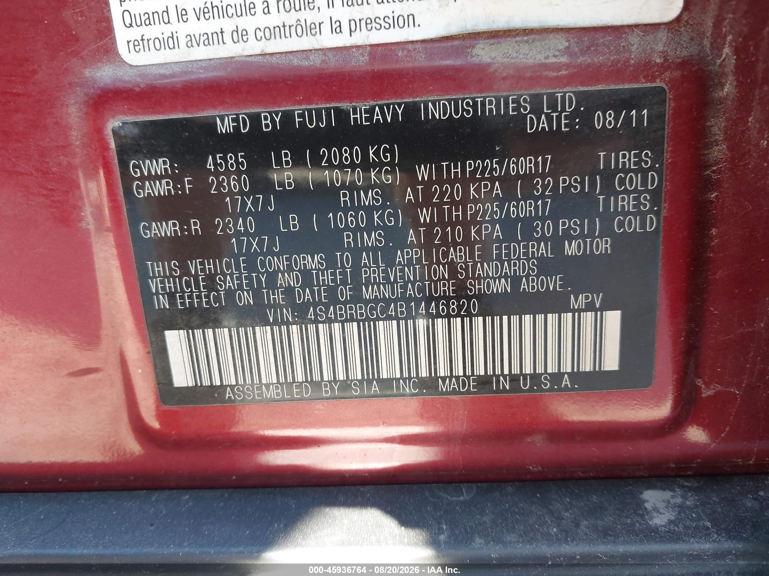 2011 Subaru Outback 2.5i Premium Red vin: 4S4BRBGC4B1446820