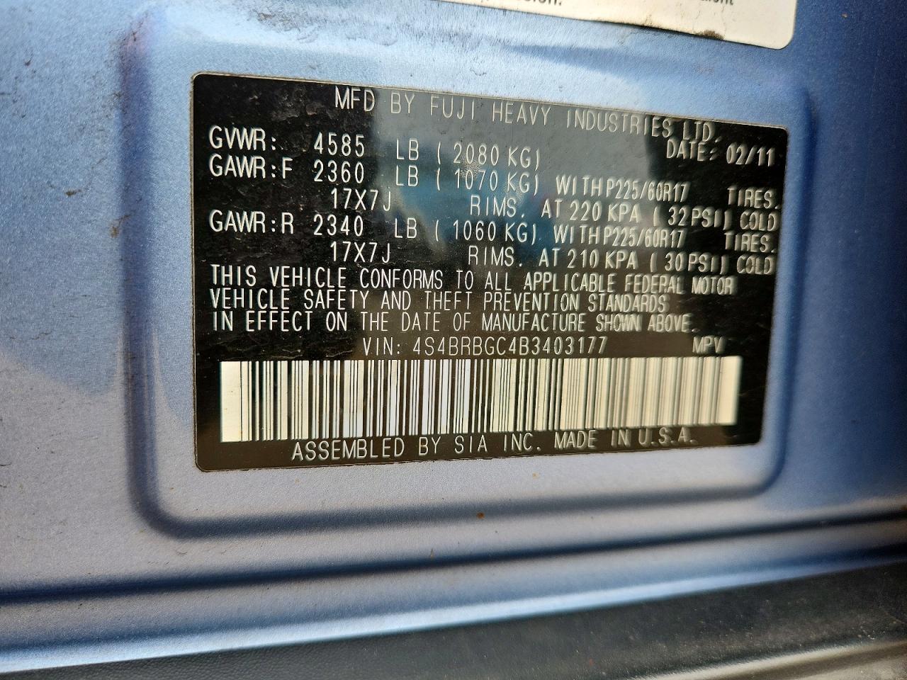 2011 Subaru Outback 2.5i Premium Blue vin: 4S4BRBGC4B3403177