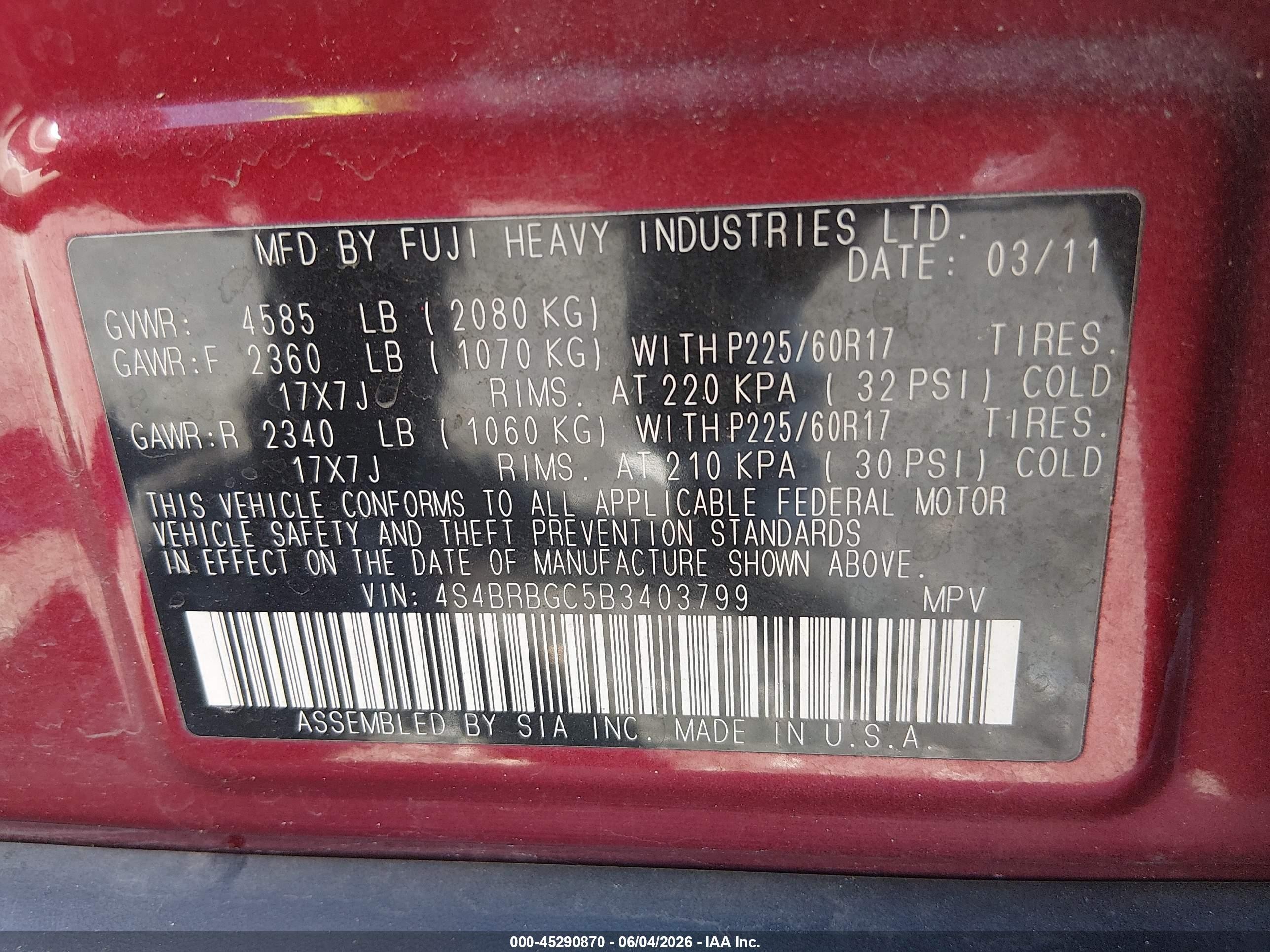 2011 Subaru Outback 2.5i Premium Red vin: 4S4BRBGC5B3403799