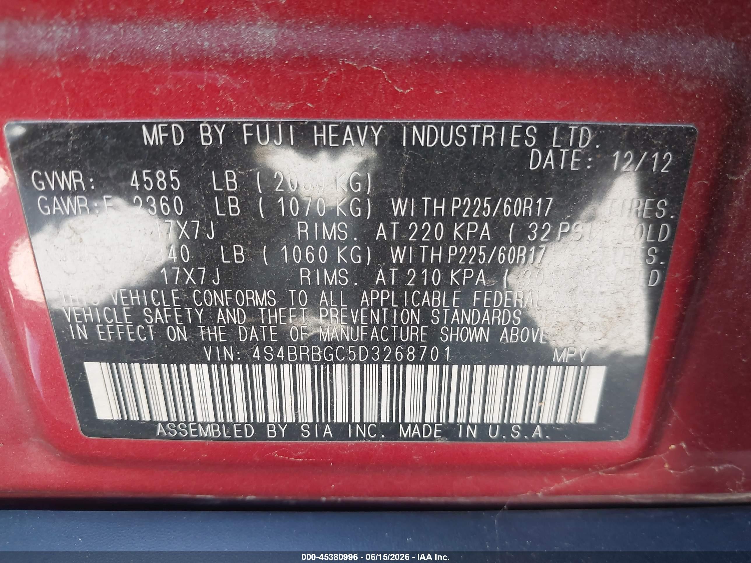 2013 Subaru Outback 2.5i Premium Red vin: 4S4BRBGC5D3268701