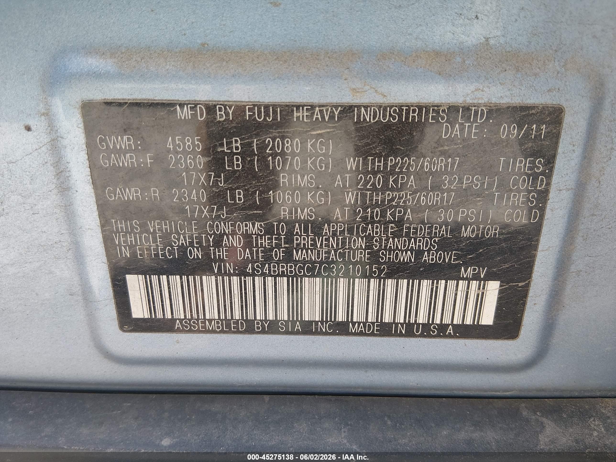2012 Subaru Outback 2.5i Premium Blue vin: 4S4BRBGC7C3210152