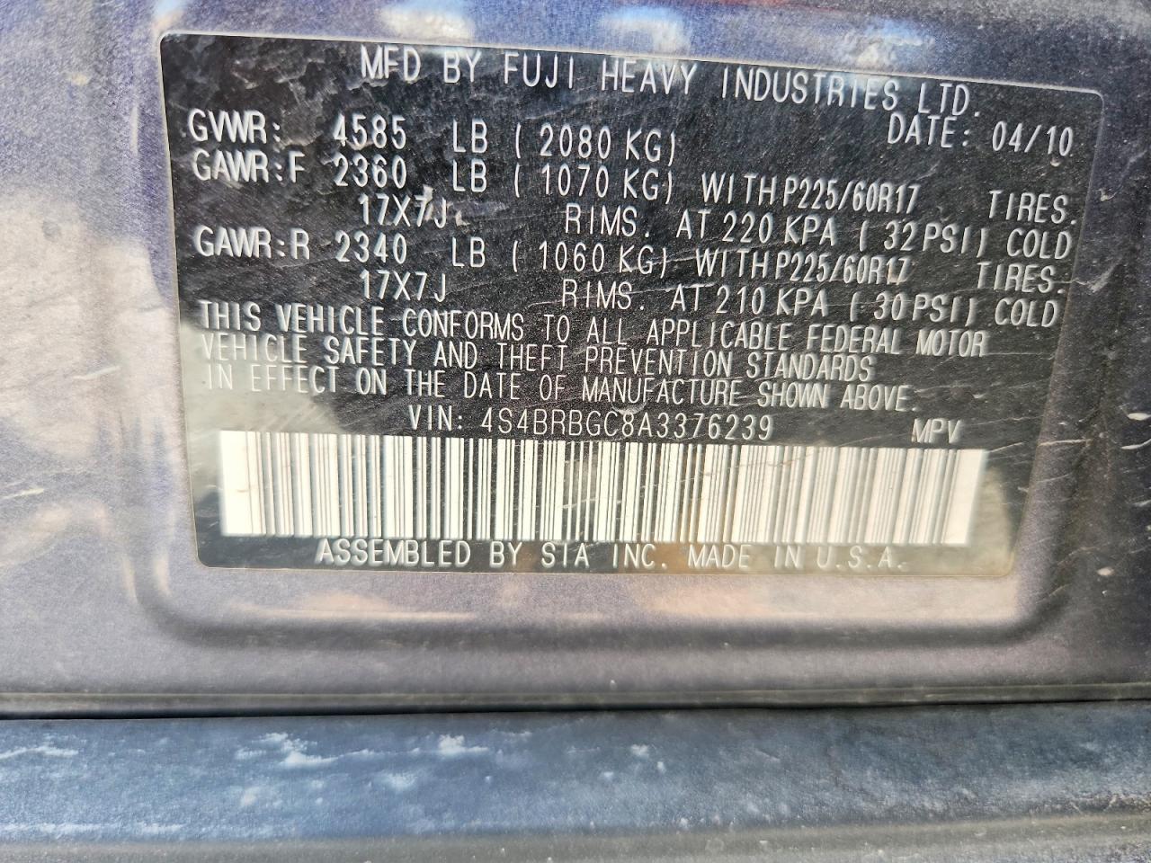 2010 Subaru Outback 2.5i Premium Black vin: 4S4BRBGC8A3376239