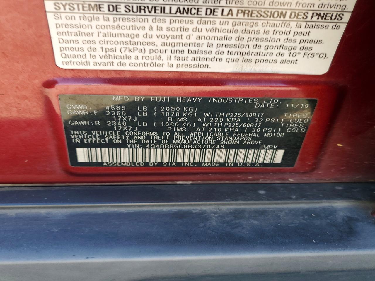 2011 Subaru Outback 2.5i Premium Red vin: 4S4BRBGC8B3370748