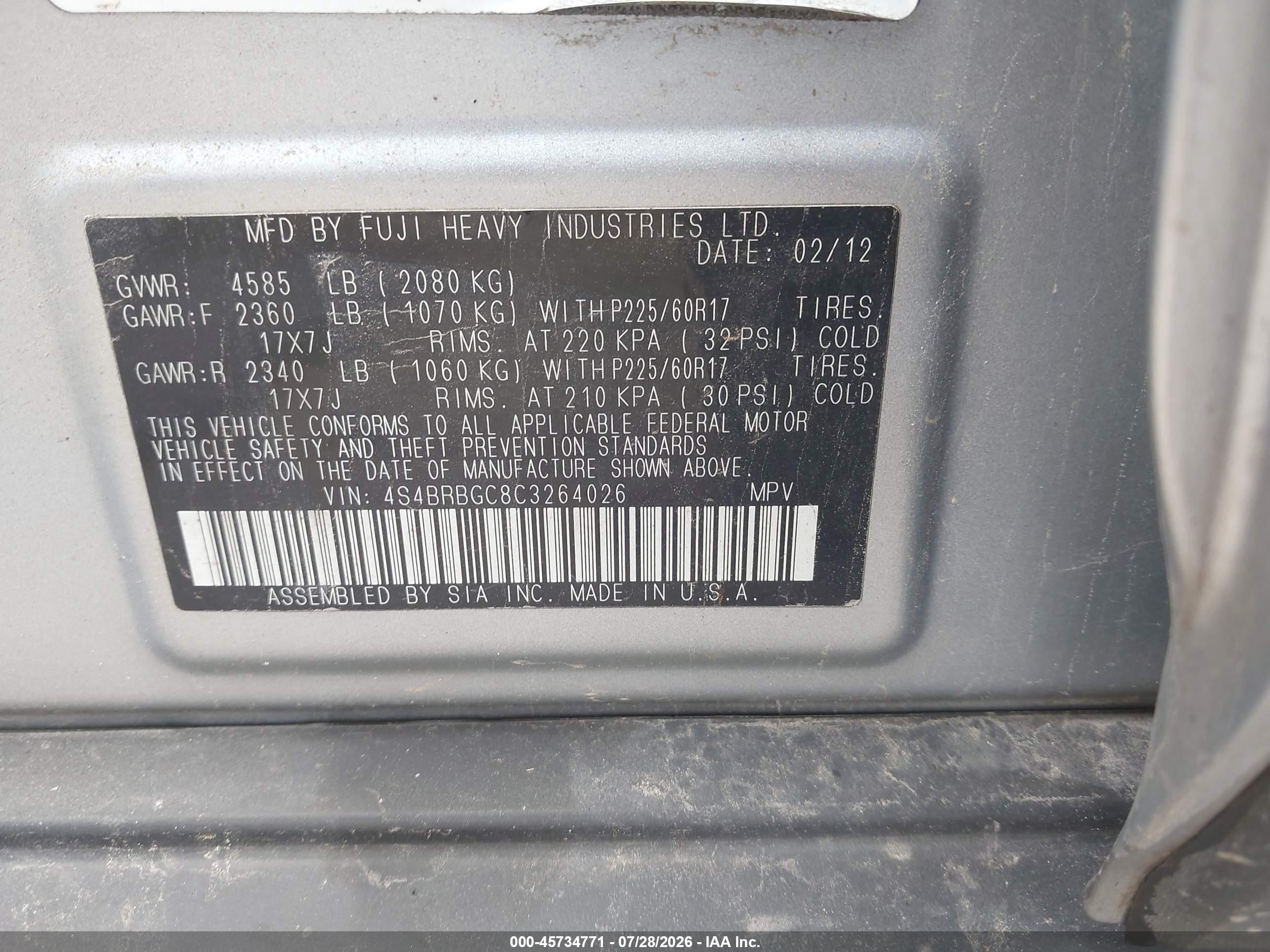 2012 Subaru Outback 2.5i Premium Silver vin: 4S4BRBGC8C3264026