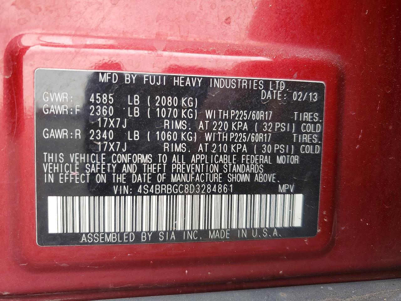 2013 Subaru Outback 2.5i Premium Red vin: 4S4BRBGC8D3284861