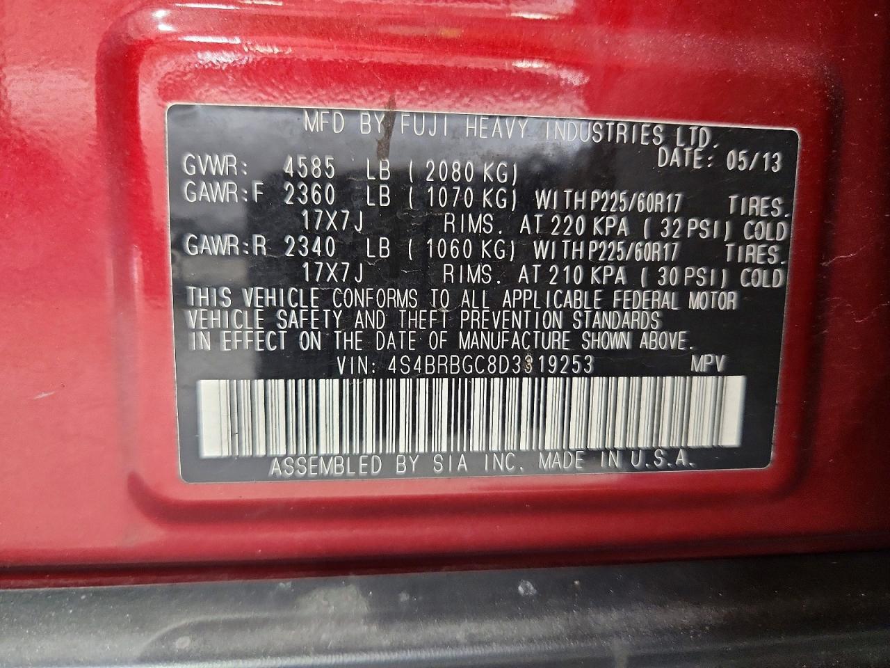 2013 Subaru Outback 2.5i Premium Red vin: 4S4BRBGC8D3319253