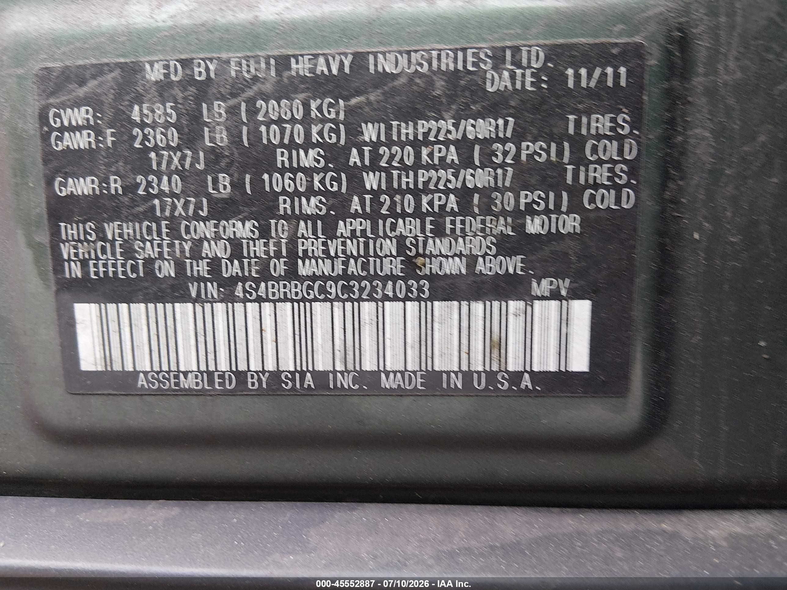2012 Subaru Outback 2.5i Premium Green vin: 4S4BRBGC9C3234033