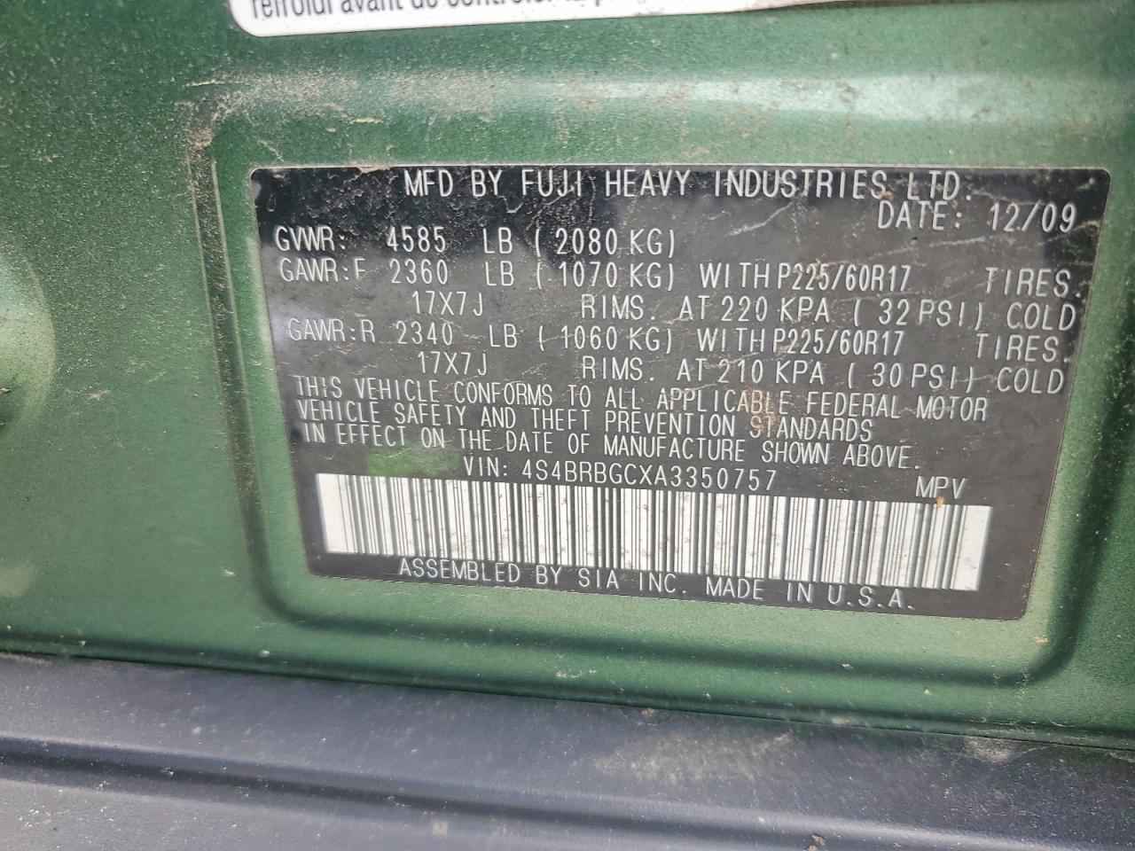 2010 Subaru Outback 2.5i Premium Green vin: 4S4BRBGCXA3350757
