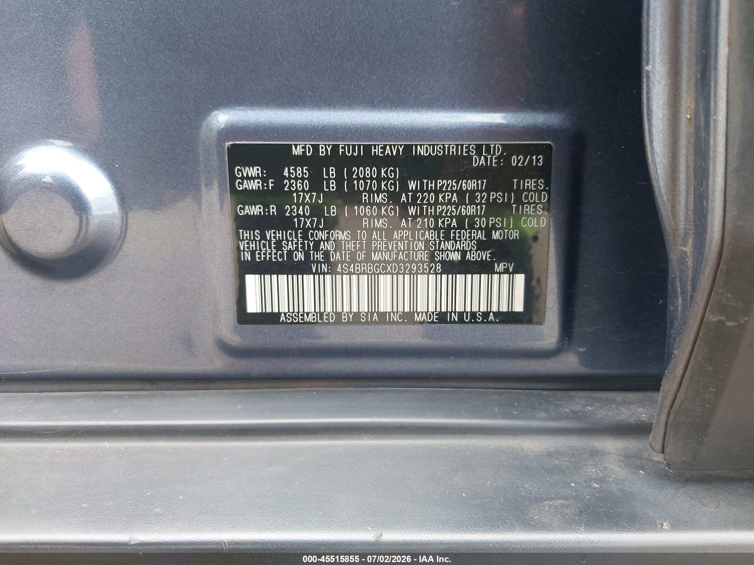 2013 Subaru Outback 2.5i Premium Light Blue vin: 4S4BRBGCXD3293528