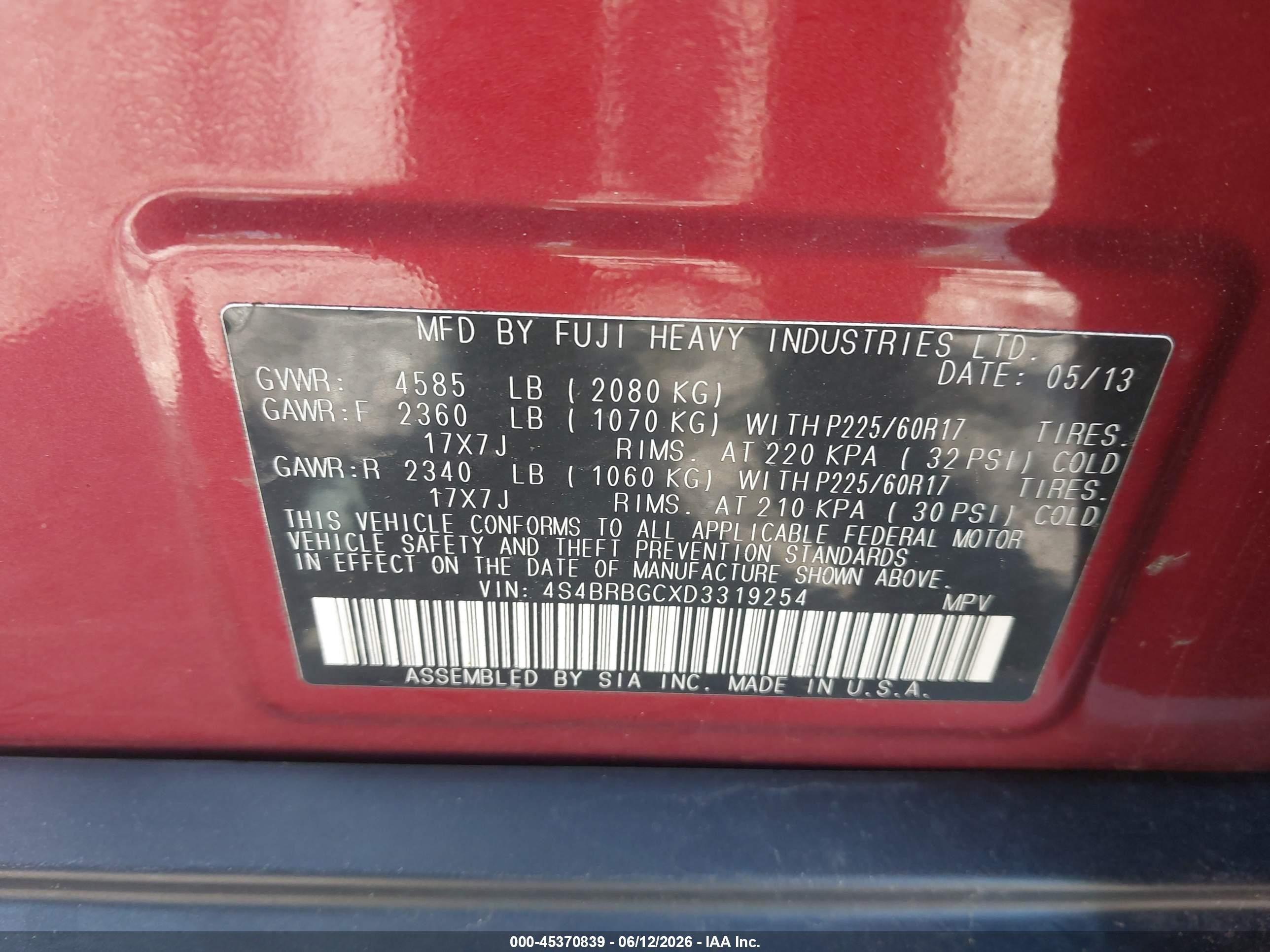 2013 Subaru Outback 2.5i Premium Red vin: 4S4BRBGCXD3319254