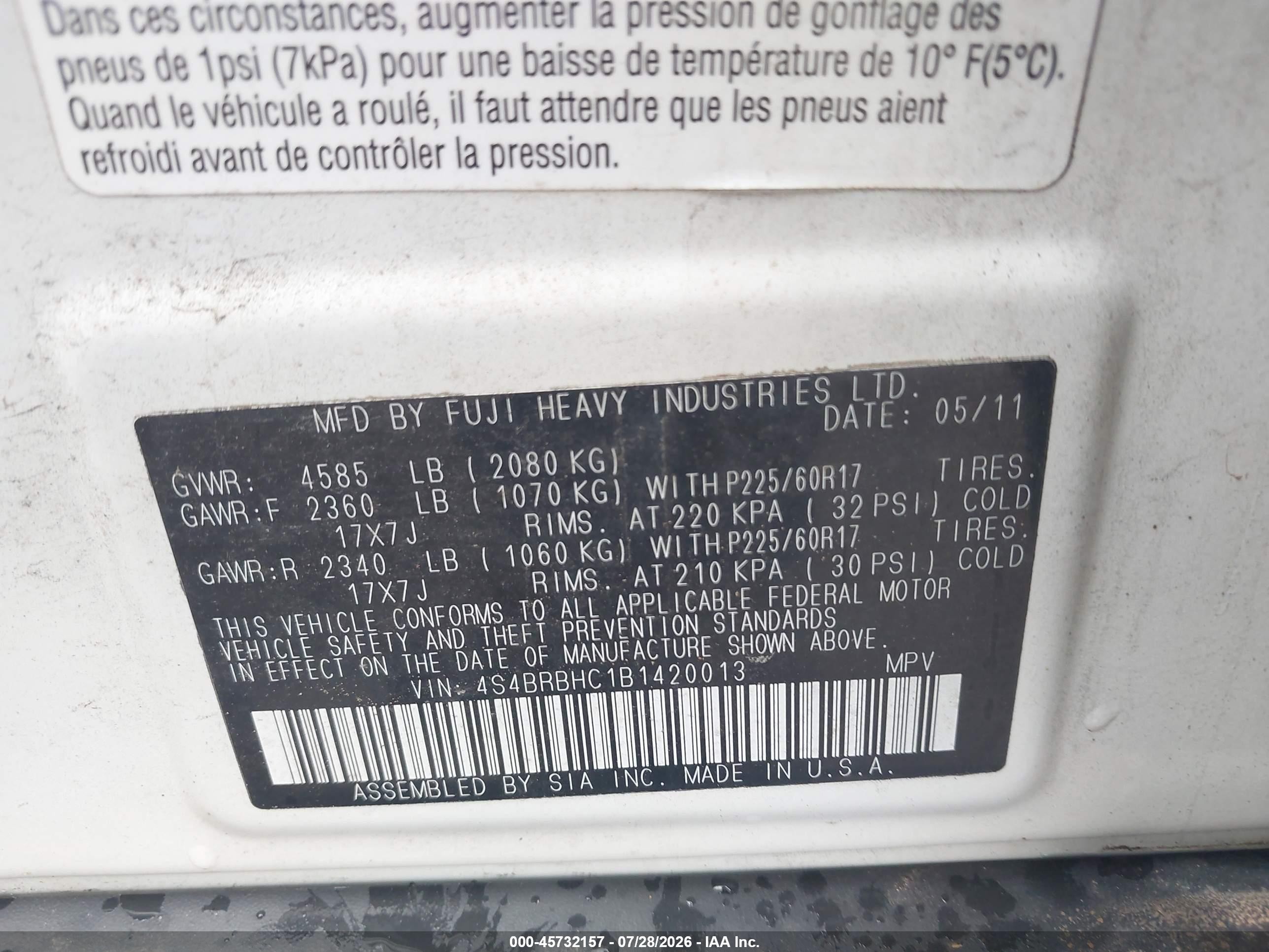 2011 Subaru Outback 2.5i Premium White vin: 4S4BRBHC1B1420013