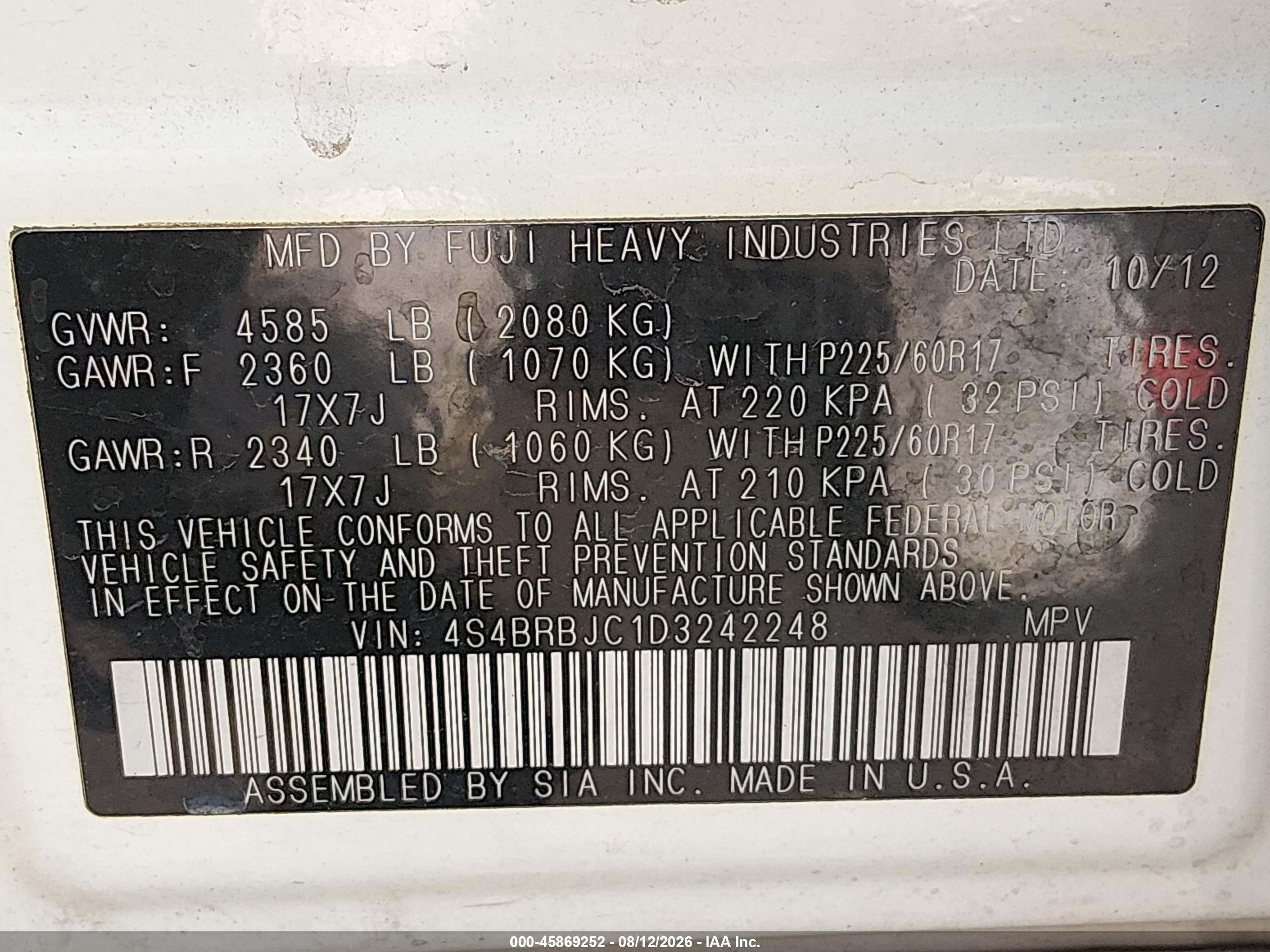 2013 Subaru Outback 2.5i Limited White vin: 4S4BRBJC1D3242248