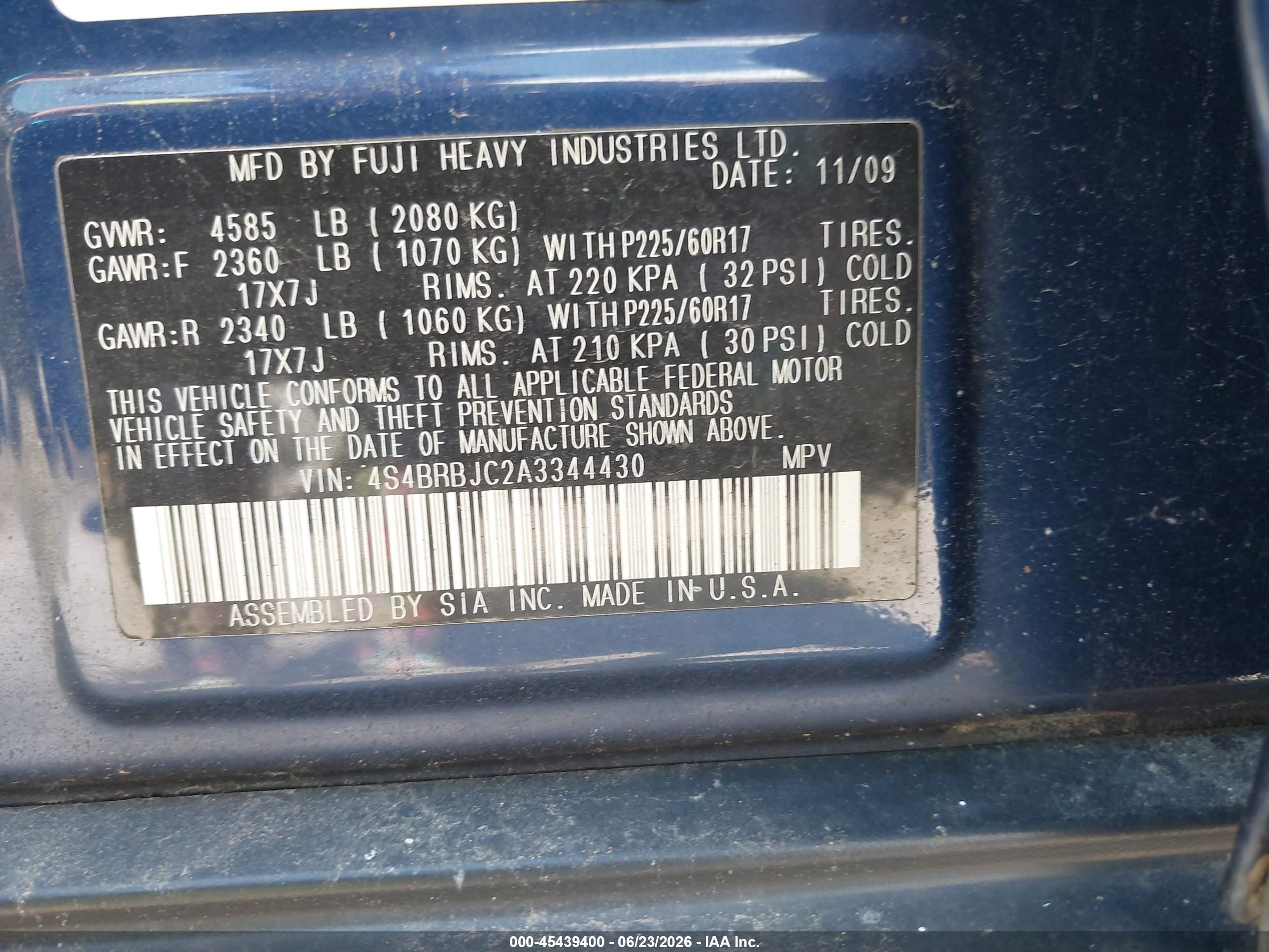 2010 Subaru Outback 2.5i Limited Blue vin: 4S4BRBJC2A3344430