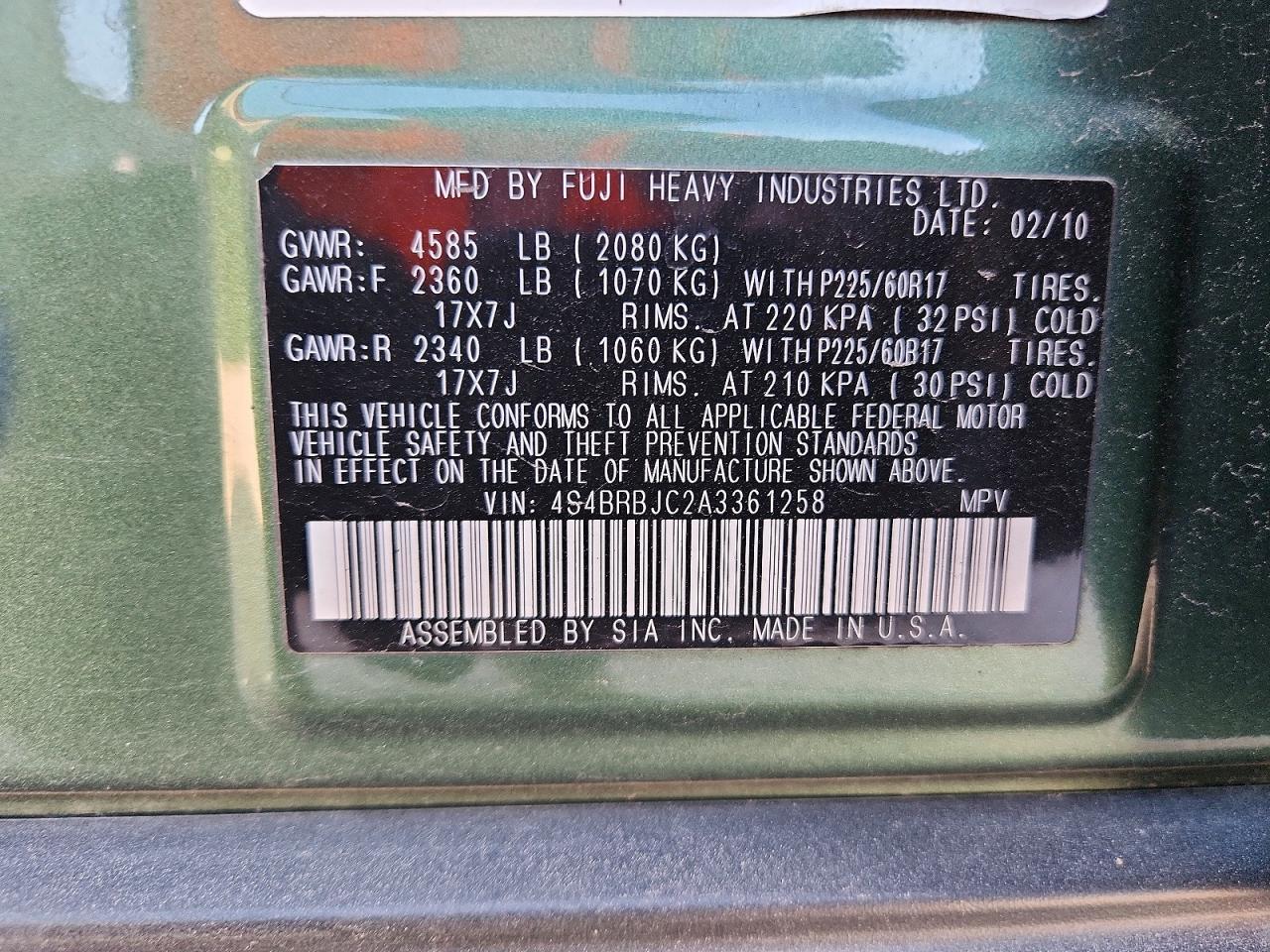 2010 Subaru Outback 2.5i Limited Green vin: 4S4BRBJC2A3361258