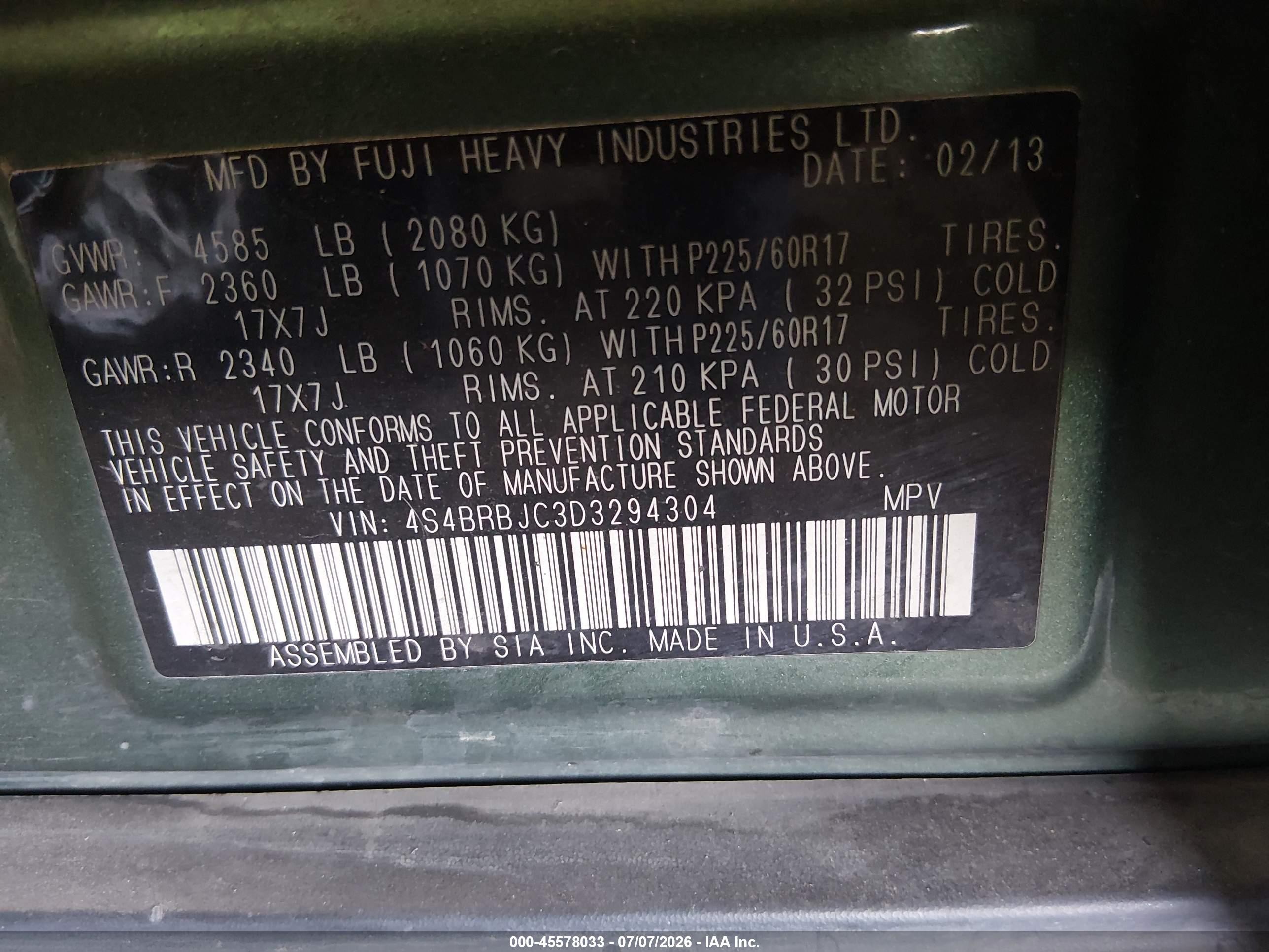 2013 Subaru Outback 2.5i Limited Green vin: 4S4BRBJC3D3294304