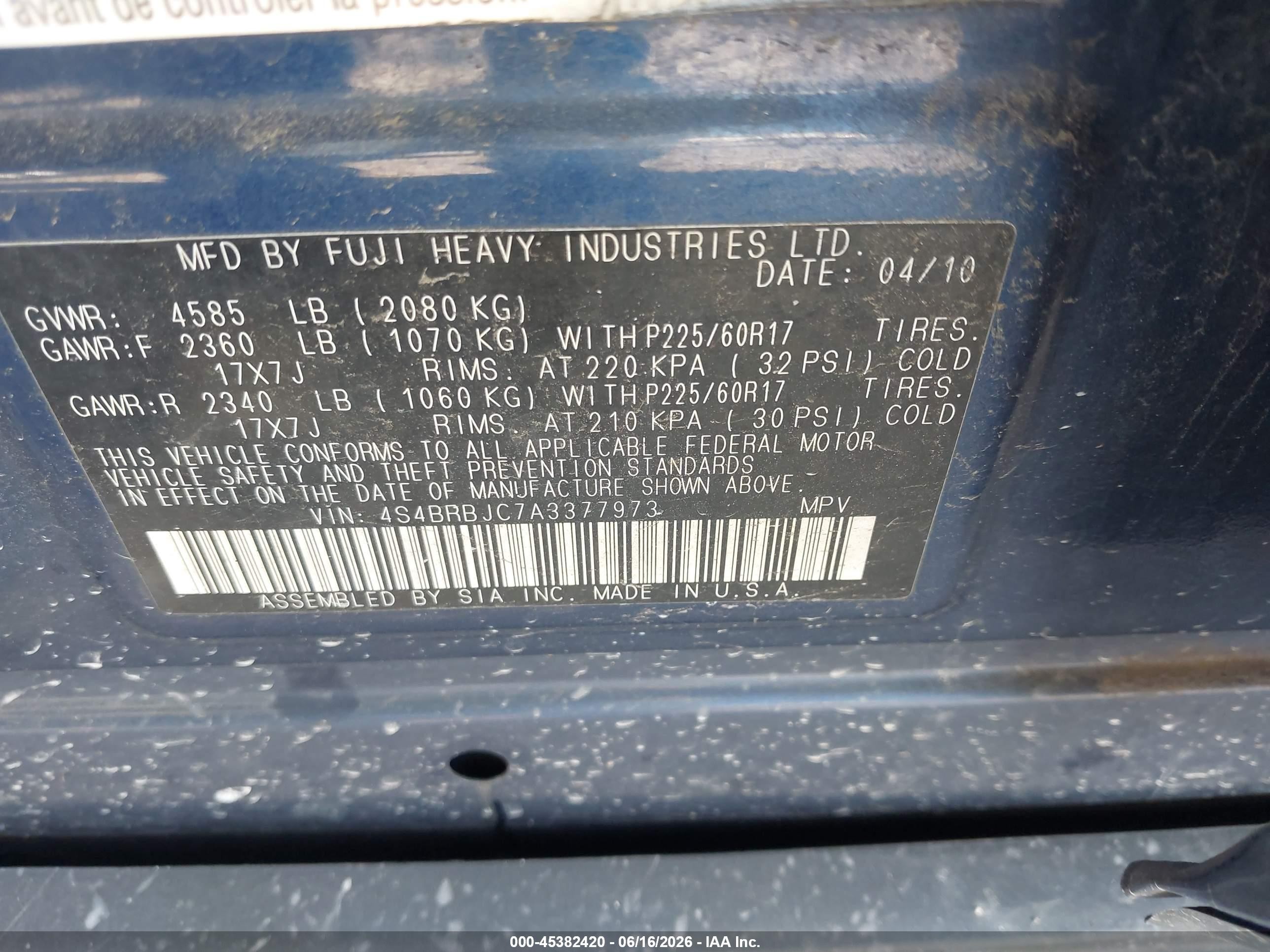 2010 Subaru Outback 2.5i Limited Blue vin: 4S4BRBJC7A3377973
