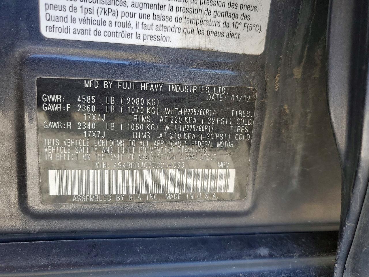 2012 Subaru Outback 2.5i Limited Charcoal vin: 4S4BRBJC7C3254063