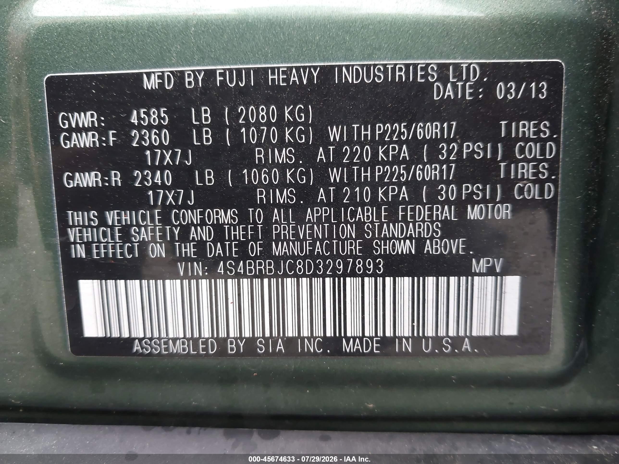 2013 Subaru Outback 2.5i Limited Green vin: 4S4BRBJC8D3297893